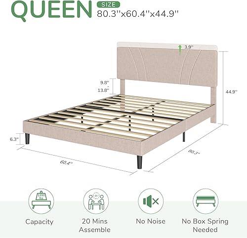 Miniatura 2 de Novilla Base de cama de plataforma tamaño Queen con cabecera ajustable tapizada, marco de cama Queen, no necesita somier, sin ruido, fácil montaje,