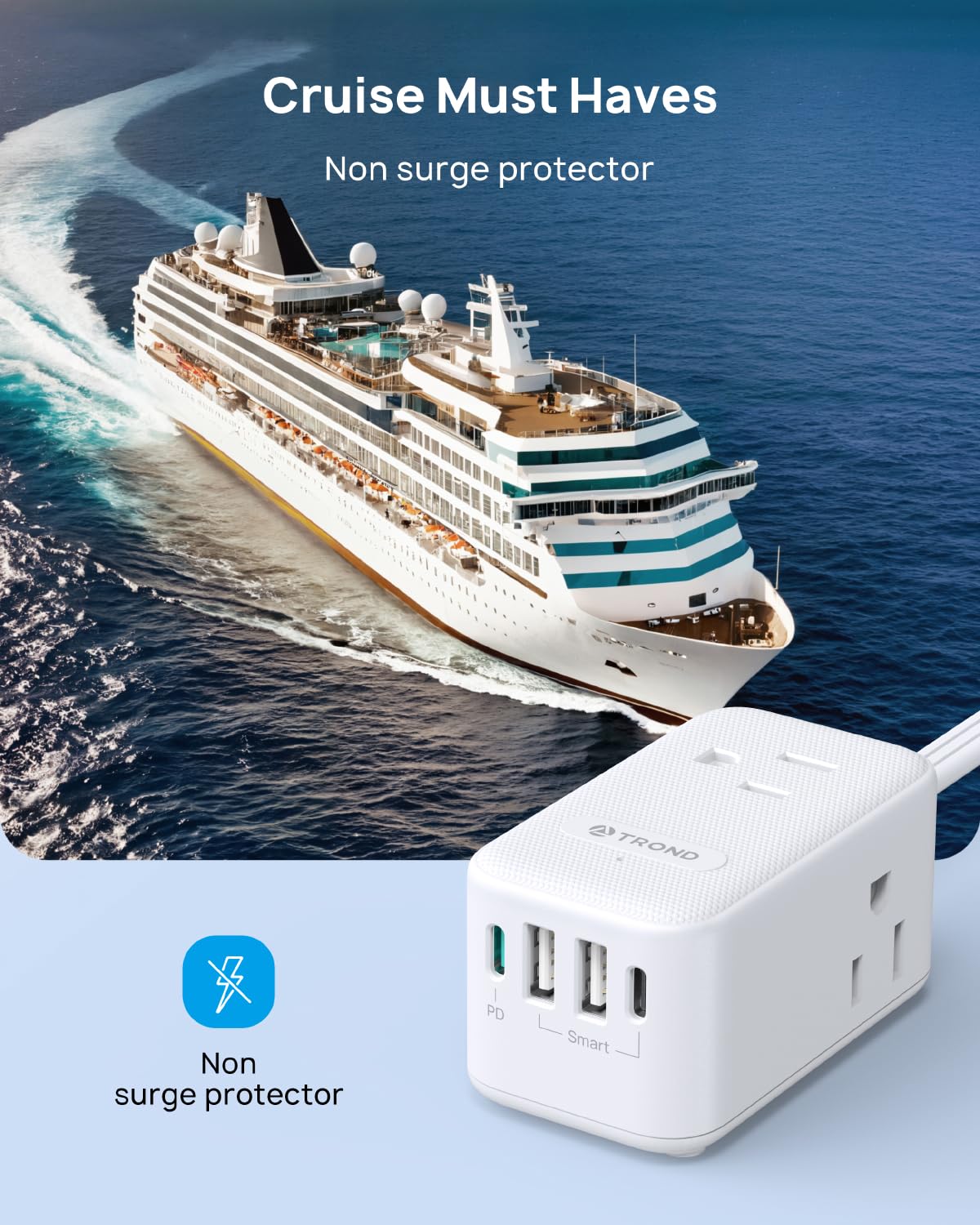 TROND 20W USB C Travel Power Strip - Ultra Thin Flat Plug Small 10ft Long Extension Cord Wall — view 7