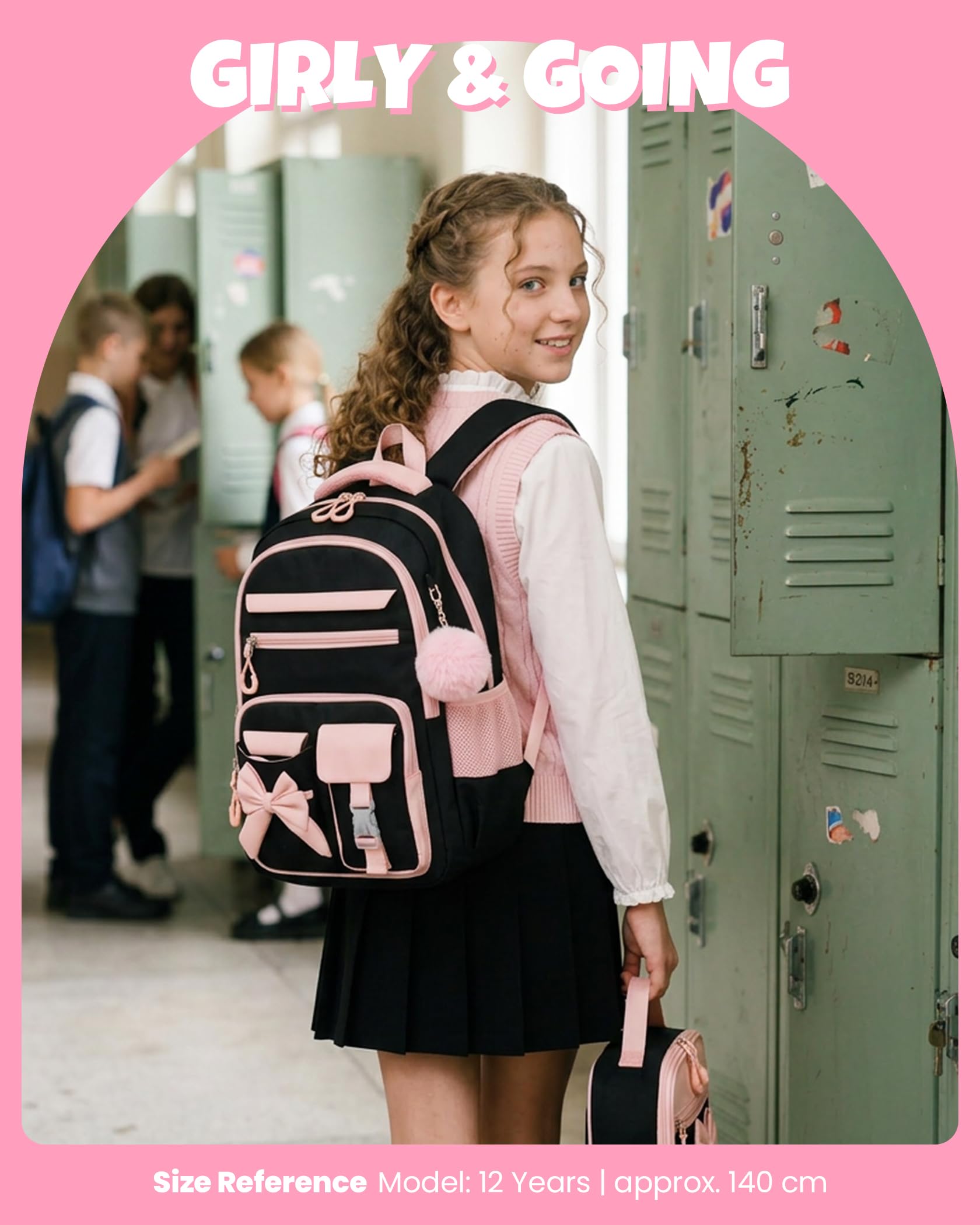 Amythe Sac à Dos Fille Primaire 3 Pièce, Ensemble Cartable Enfant Scolaire avec Sacs à Déjeuner et Trousse Crayon, Sac Ecole pour Fille 8 à 15 ans, Noir