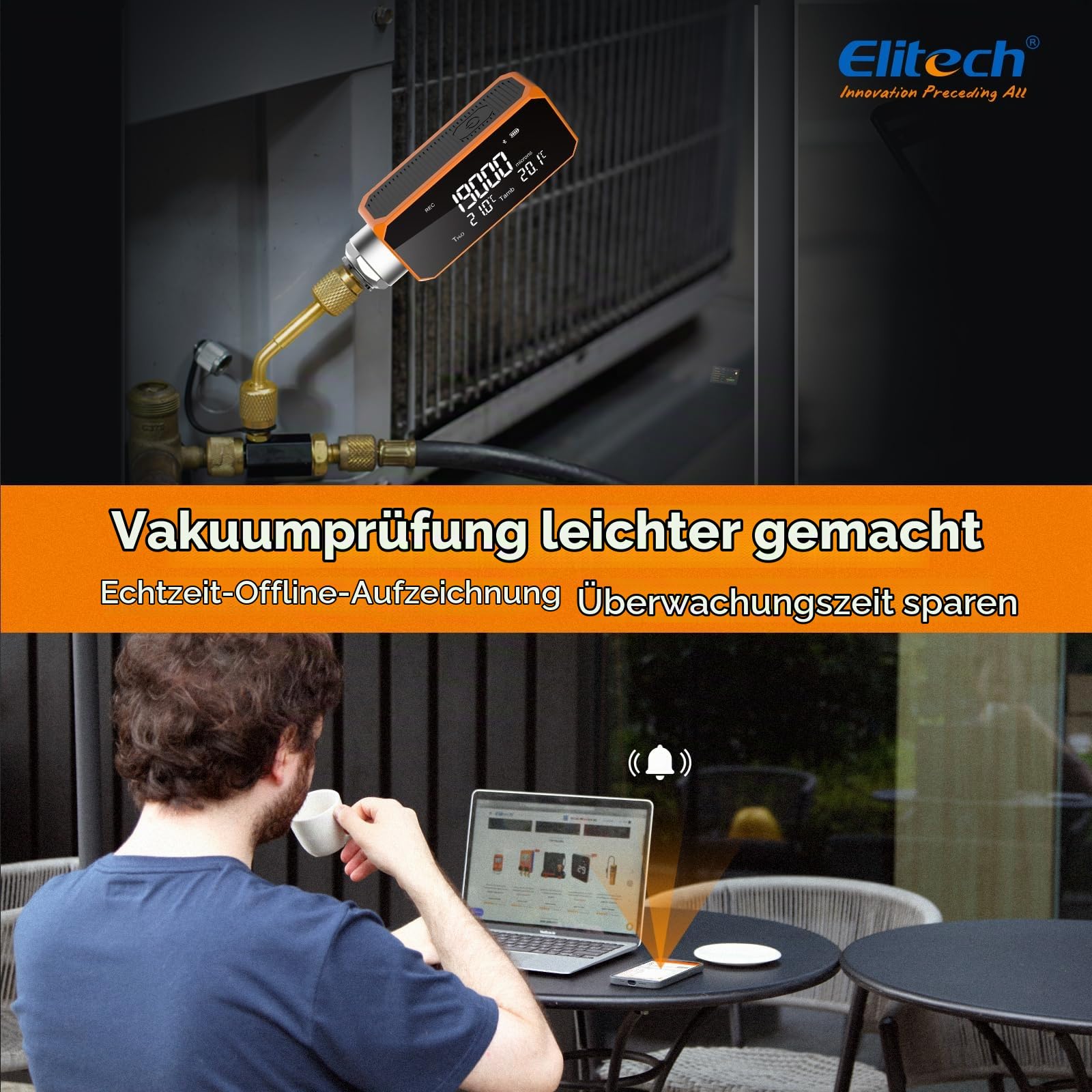 Elitech Digitales HVAC Vakuummessgerät, App-Unterstützung, Offline-Aufzeichnung mit Berichterstellung - Ideal für Klimaanlagen, Autos, Wärmepumpen.