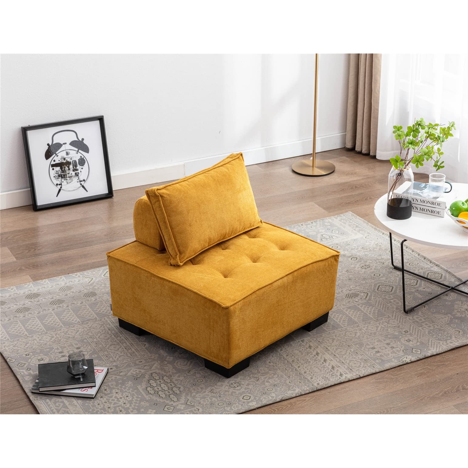 Modern Ottoman Lazy Chair with Solid Wood Legs for Comfortable Relaxation in Your Living Room Or Bedroom Yellow Contemporary Polyester Padded Seat