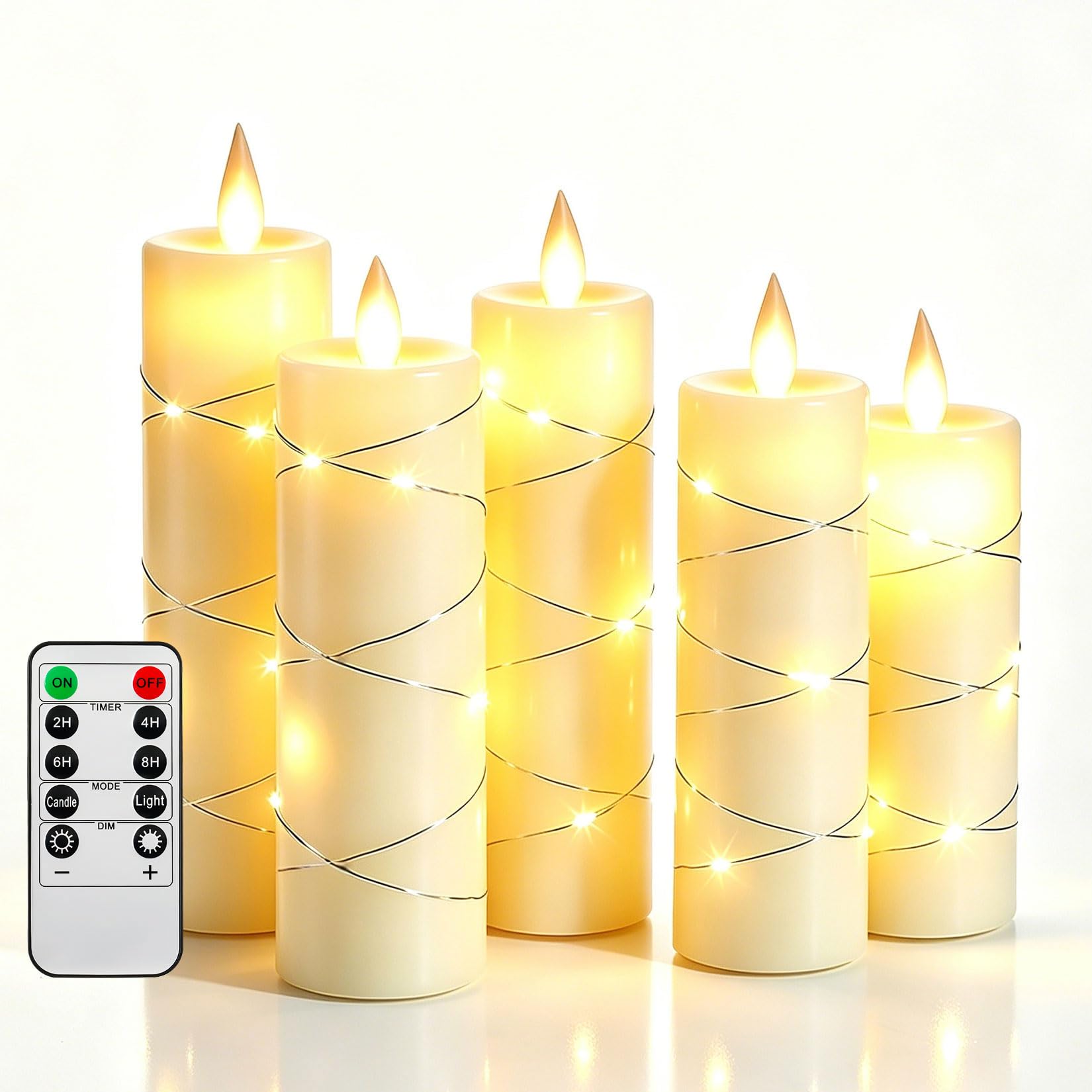 Da by 5 Candele LED Avorio in Cera Naturale, Luci Fatate Avvolgenti, Fiamma Tremolante Ultra Realistica, 1 Telecomando, 5 Misure Assortite, Riutilizzabili per Decorazioni Casa, Feste ed Eventi