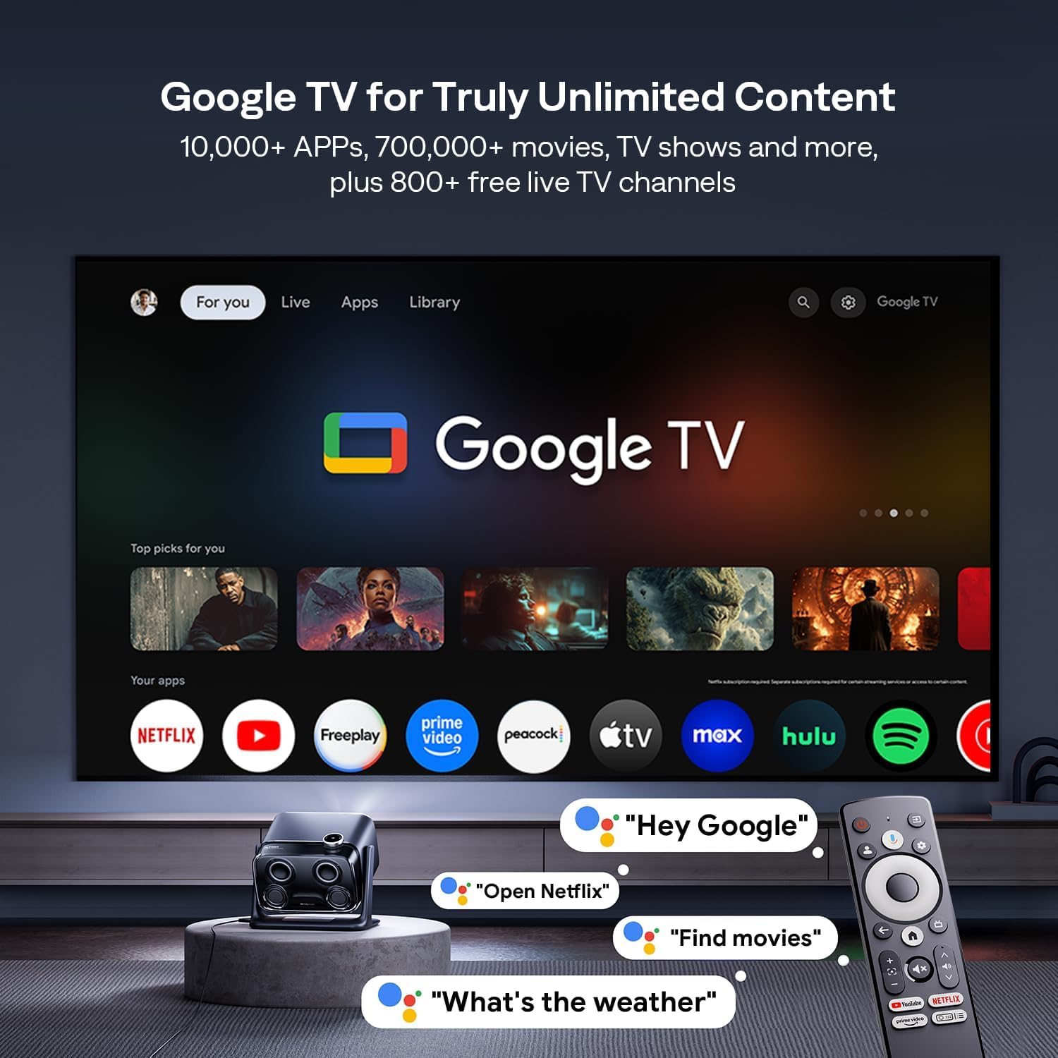 Aurzen Boom Mini Proyector para Exterior con Google TV, Dolby Audio de 20 W | Compatible con 4K, cine en casa, 500 lúmenes ANSI, Wi-Fi y Bluetooth, enfoque TOF
