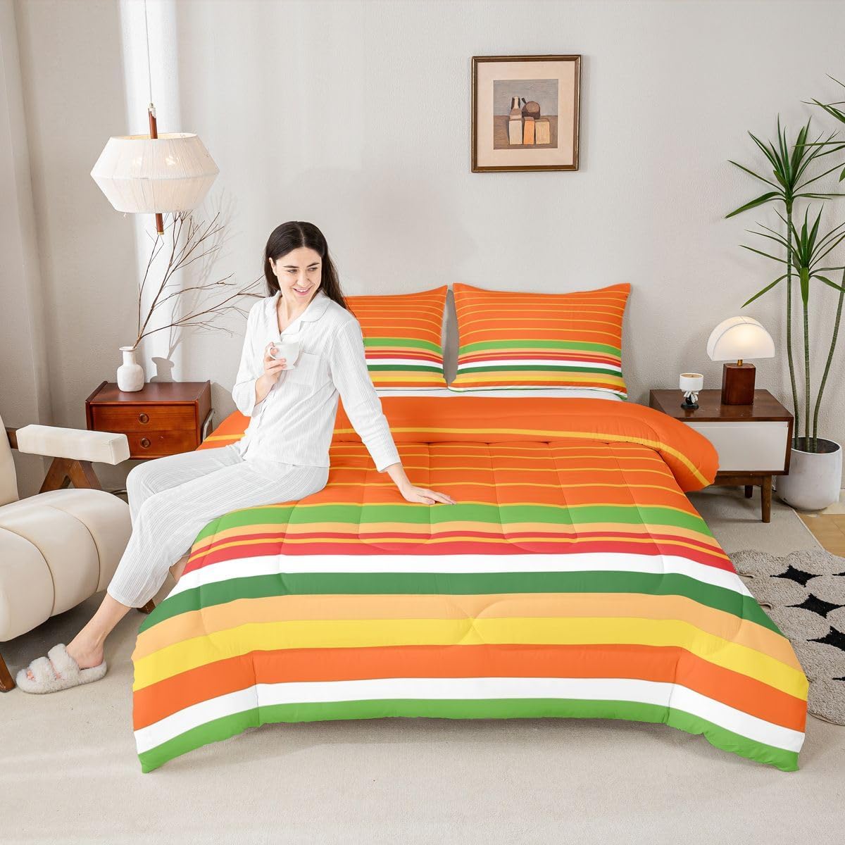 jejeloiu Orange Green Yellow Stripes Comforter Set Twin Size Geometric Bedding Set for Kids Boys Girls Modern Duvet Quilt Luxury Bedroom Decor Microfiber 2 Pcs with 1 Pillow Cases