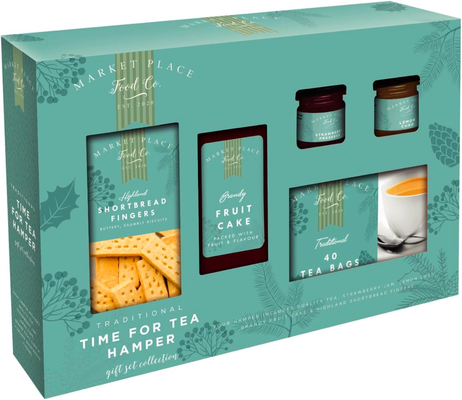 Traditional Time For Tea Hamper by Market Lane- Cream tea set containing Quality Tea, Strawberry Jam, Orange Marmalade, Fruit Cake, Highland Shortbread Fingers - Ideal Christmas or Birthday present