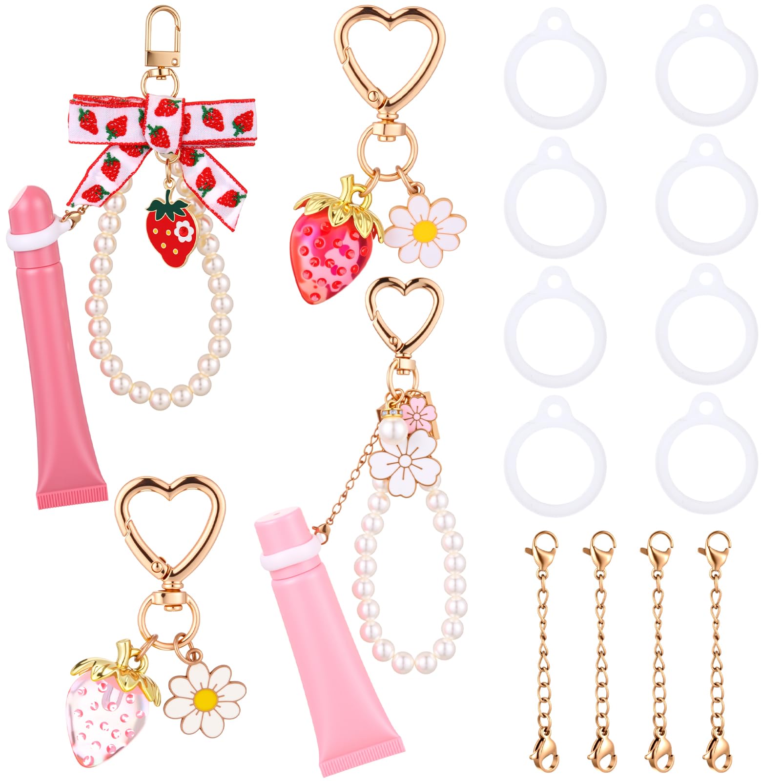 Lip Gloss Keychains Bulk 4 Strawberry Flower Keychain with 4 Lobster Clasp Chains and 8 Silicone Rings Lip