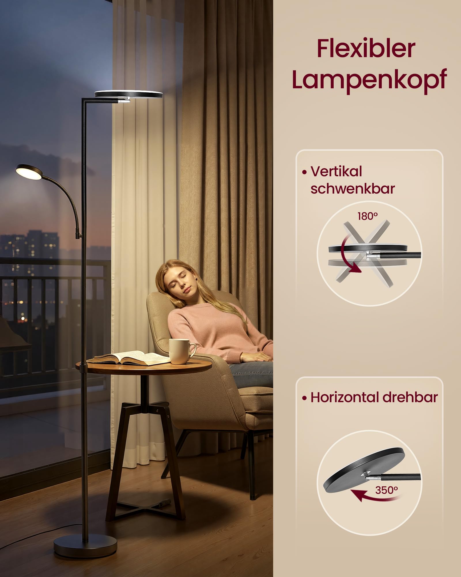 VASAGLE Stehlampe Wohnzimmer, LED-Stehleuchte höhenverstellbar, Standleuchte 42W, drehbarer Lampenkopf, Schlafzimmer, Büro, Leselampe, Timer, Tasten- und Fernbedienung, mattschwarz LFL028BD02