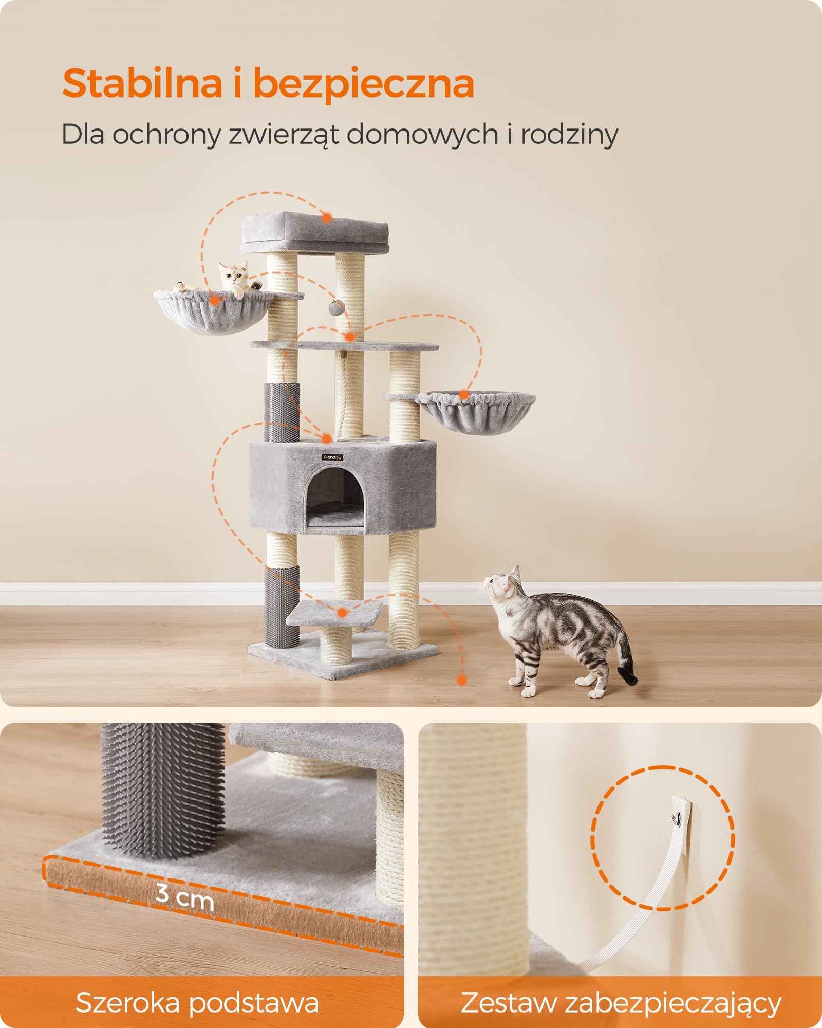 Feandrea Drapak dla kota z ciepłymi kocami, dla dużych kotów, 2 szczotki kotów, grubość pnia 11,1 cm, duże platformy, 50 x 50 x 160 cm, kolor gołębiej szarości i kremowej bieli PCT003N01