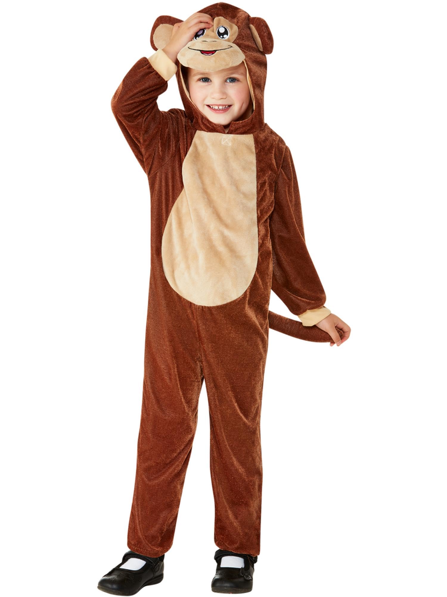 Smiffys Toddler Monkey Costume, Brown with Hooded Jumpsuit, Children's Animal Fancy Dress, Animal Dress Up Costumes