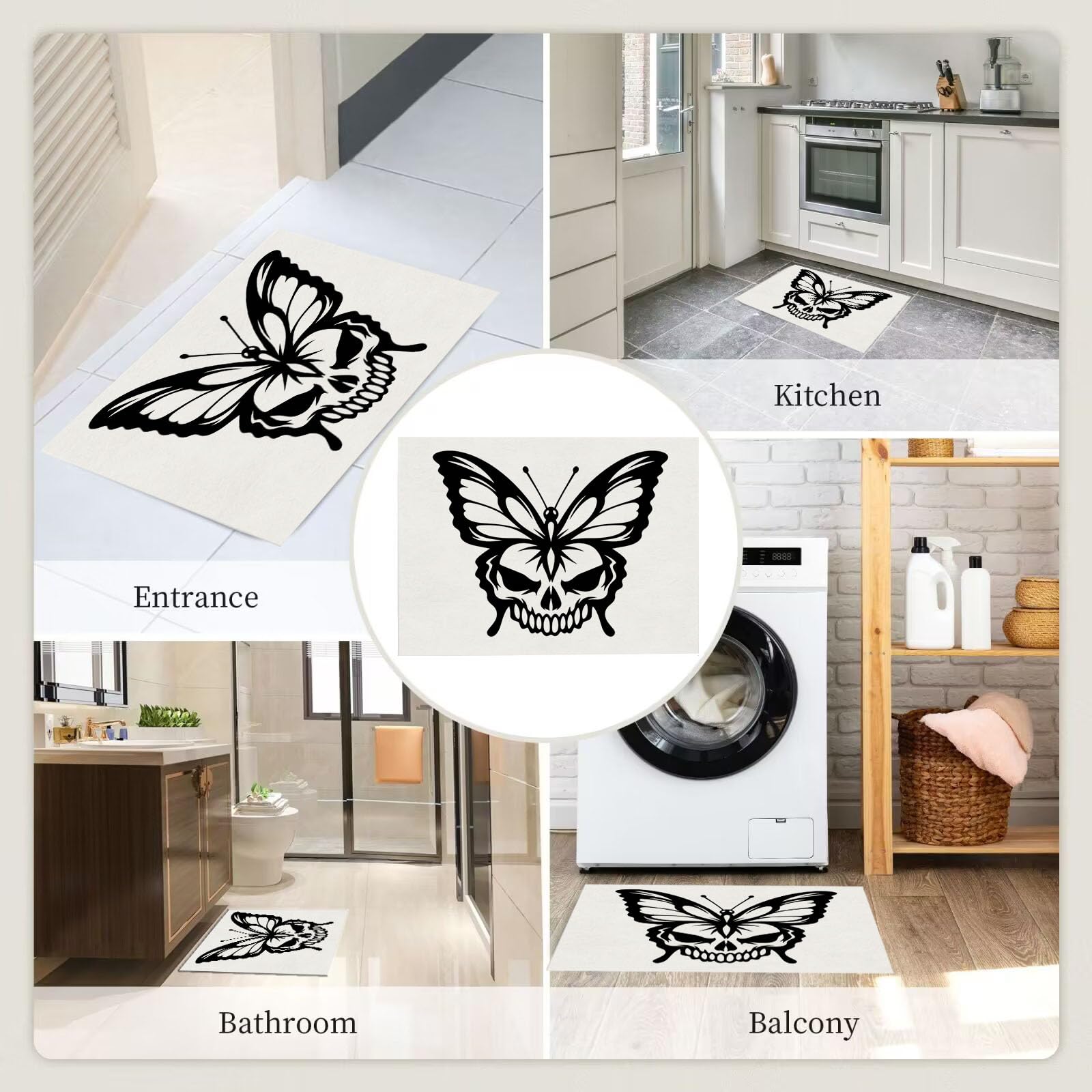 Zerbino Ingresso Interno Teschio Gotico E Farfalla, Zerbino Di Benvenuto Lavabile Morbida Animale Oscuro, Antiscivolo Tappeto Da Decorazioni Beige Per Casa Porta, 60X90Cm