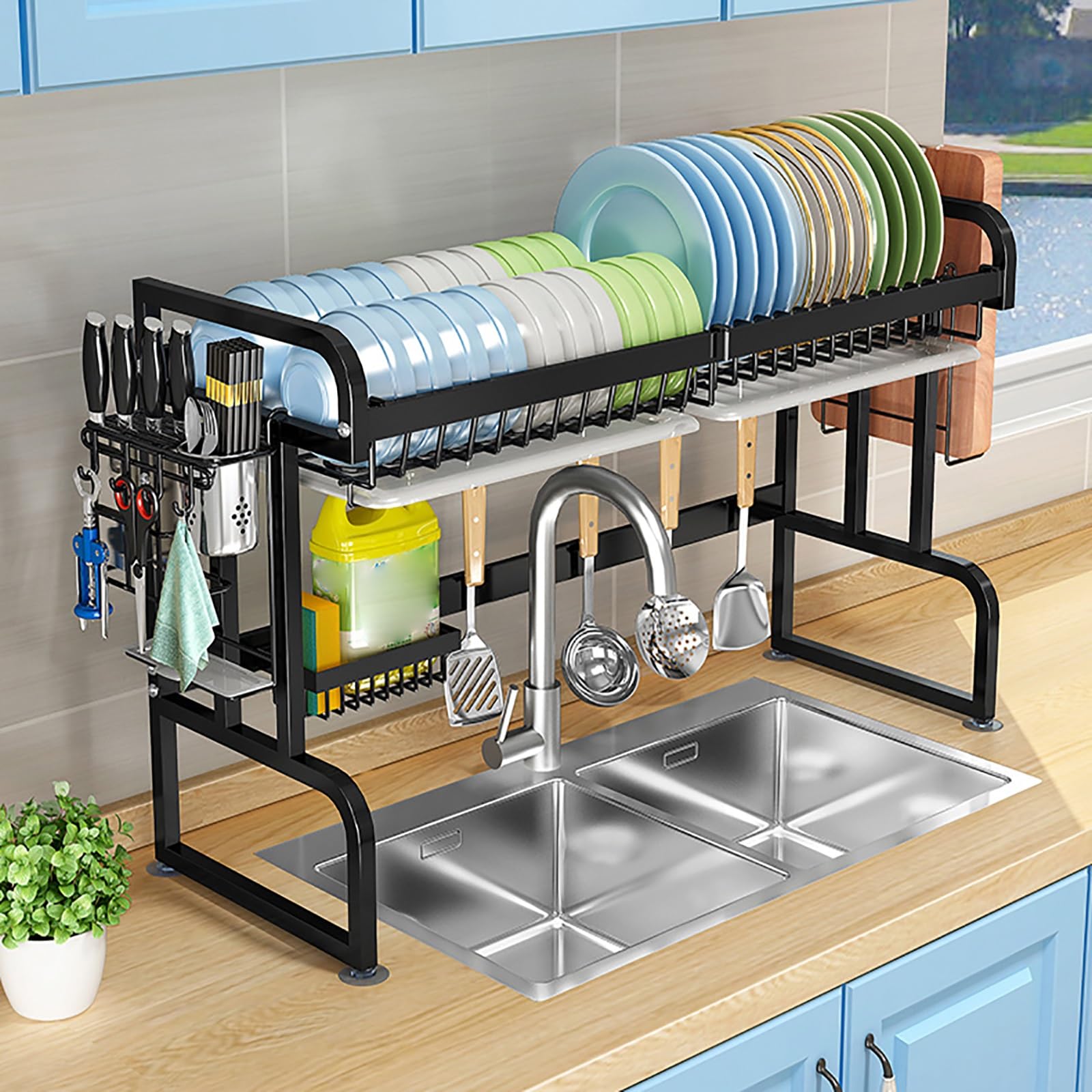 CAFIEDR Over Sink Dish Drying Rack With Pp Water Tray, 2-Tier Space-Saving Dish Drainer, Kitchen Counter Organizer For Cups, Bowls, Cutlery - Black.Black 1-65cm/25.6in