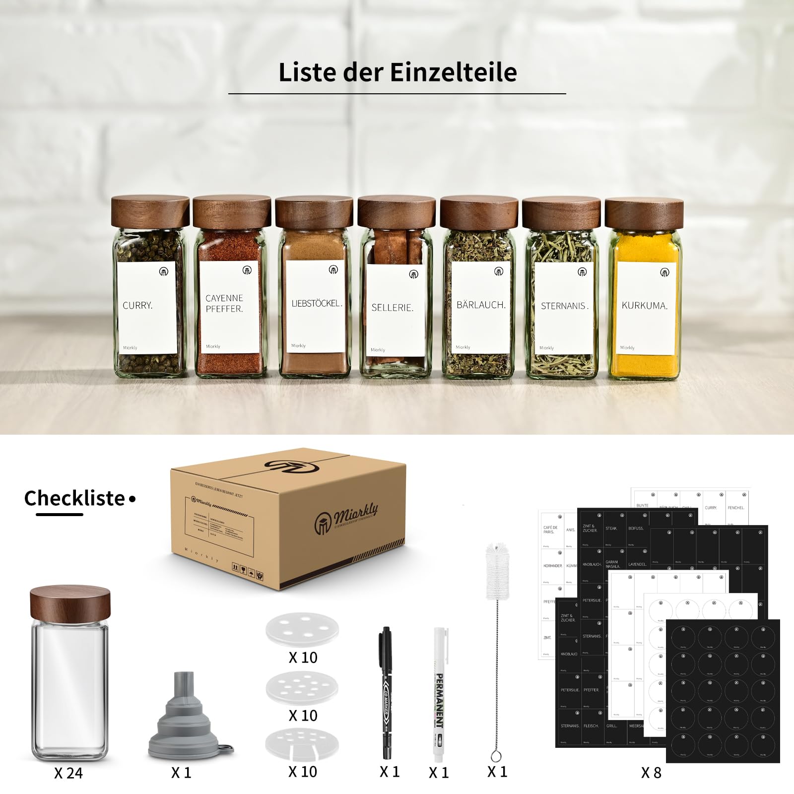 Miorkly Elegante Acacia Botes Especias, (24 x 120 ml) Botes Especias Cristal, Especias Almacenaje Cocina, Cuadrado Frascos Especiarias Juego Utilitario Con Etiqueta Especias