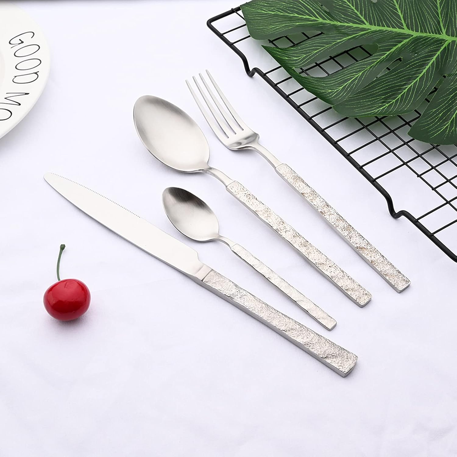 24-Piece Stainless Steel Square Edge Flatware Set Service for 6, Silver Mirror Polished Hammered Silverware, Tableware Cutlery Set Includes Dinner Knives/Forks/Spoons, Modern Design, Dishwasher Safe