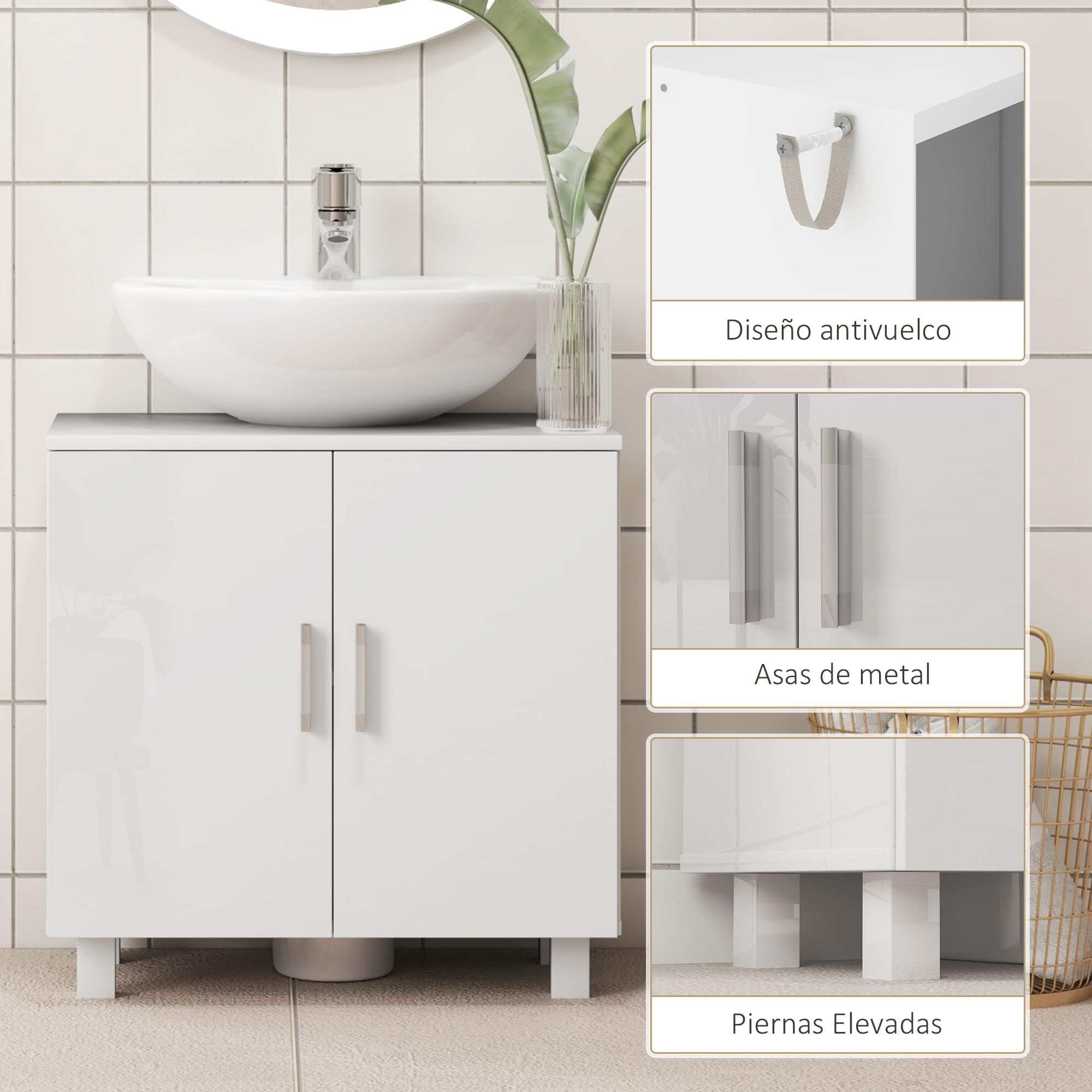 HOMCOM Mueble para Debajo del Lavabo Mueble bajo Lavabo Mueble de Lavabo con Pie con 2 Puertas 2 Estantes y Sistema Antivuelco para Cuarto Baño 60x35x60 cm Blanco