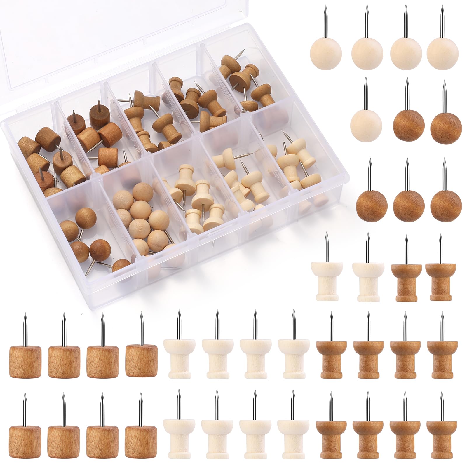 Namner 60 PCS Wooden Push Pins for Cork Boards, Notice Board Pins
