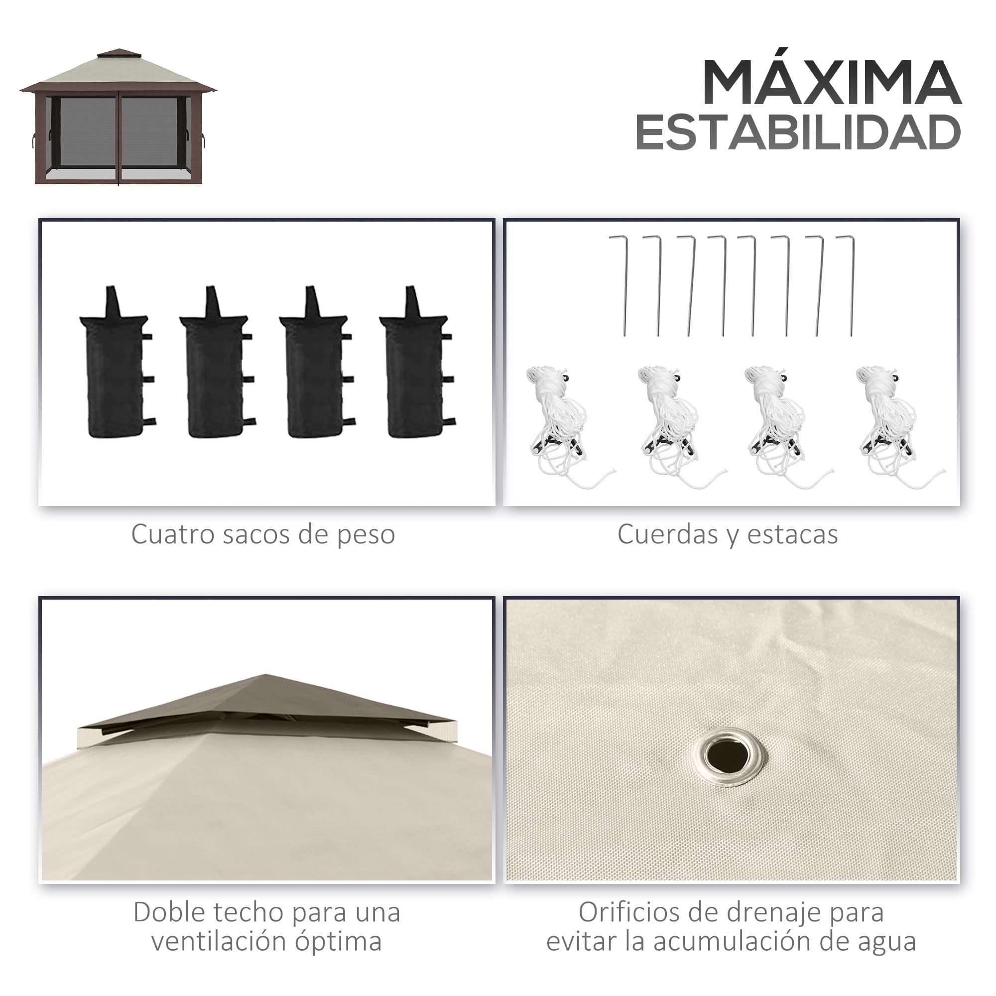 Outsunny Gazebo pieghevole pop-up, 4 x 4 x 2,8 m, altezza regolabile, beige