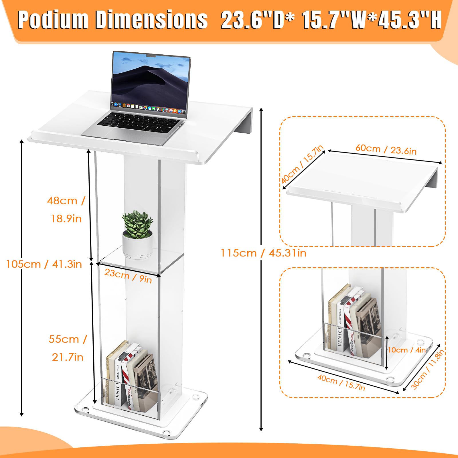 Pupitre en acrylique - Hauteur confortable : 115 cm - Épaisseur : 10 mm - Transparent - Avec compartiments de rangement - Étanche - Pour salle de classe, conférence, mariage et plus encore