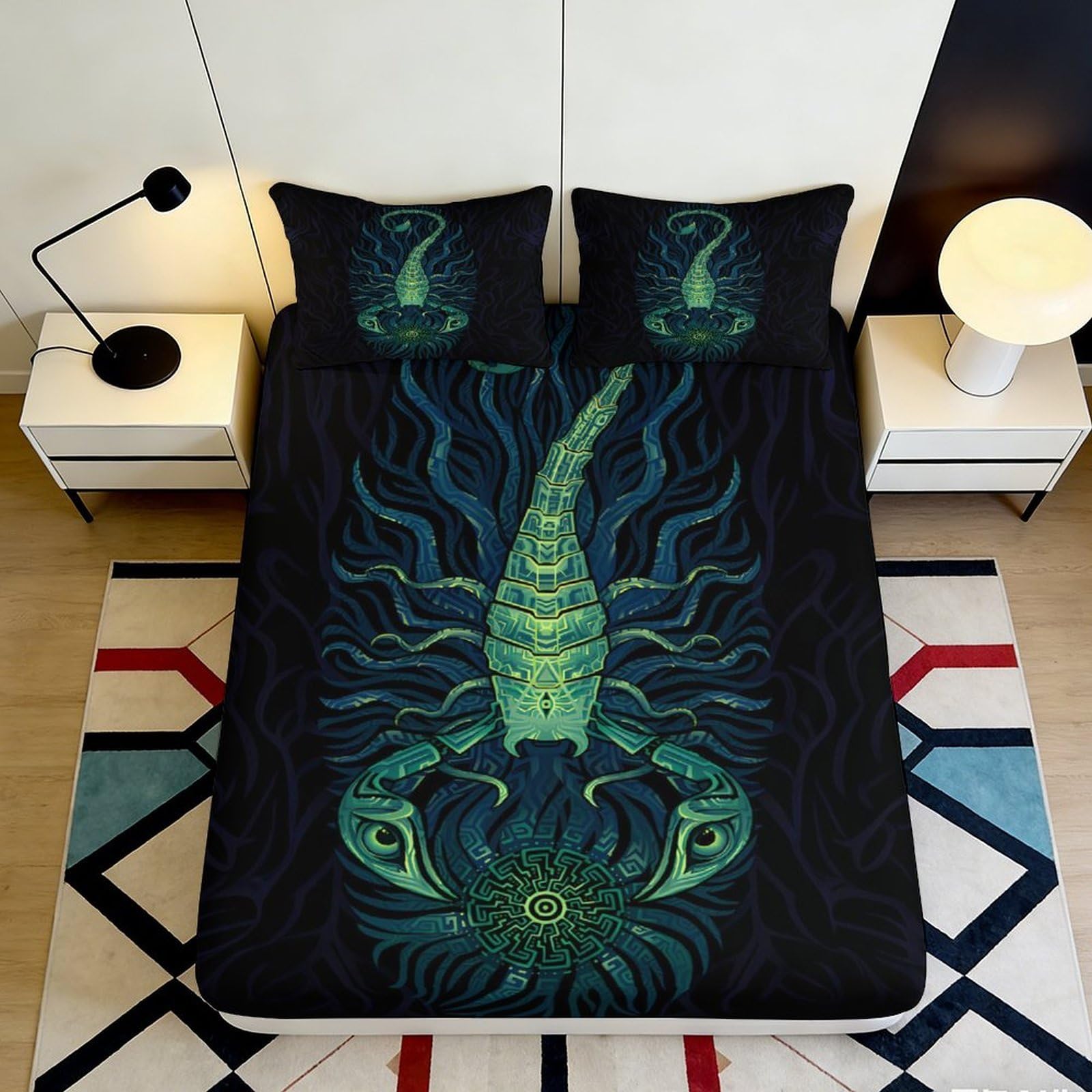 3D Printed Scorpion Fitted Sheet, Black Microfiber, Soft Touch, Wrinkle Resistant, Bed Cover for Bedroom, Guest Room, Apartment Bedding, Easy Care, Stylish Room Accent, chars 120x200x25cm