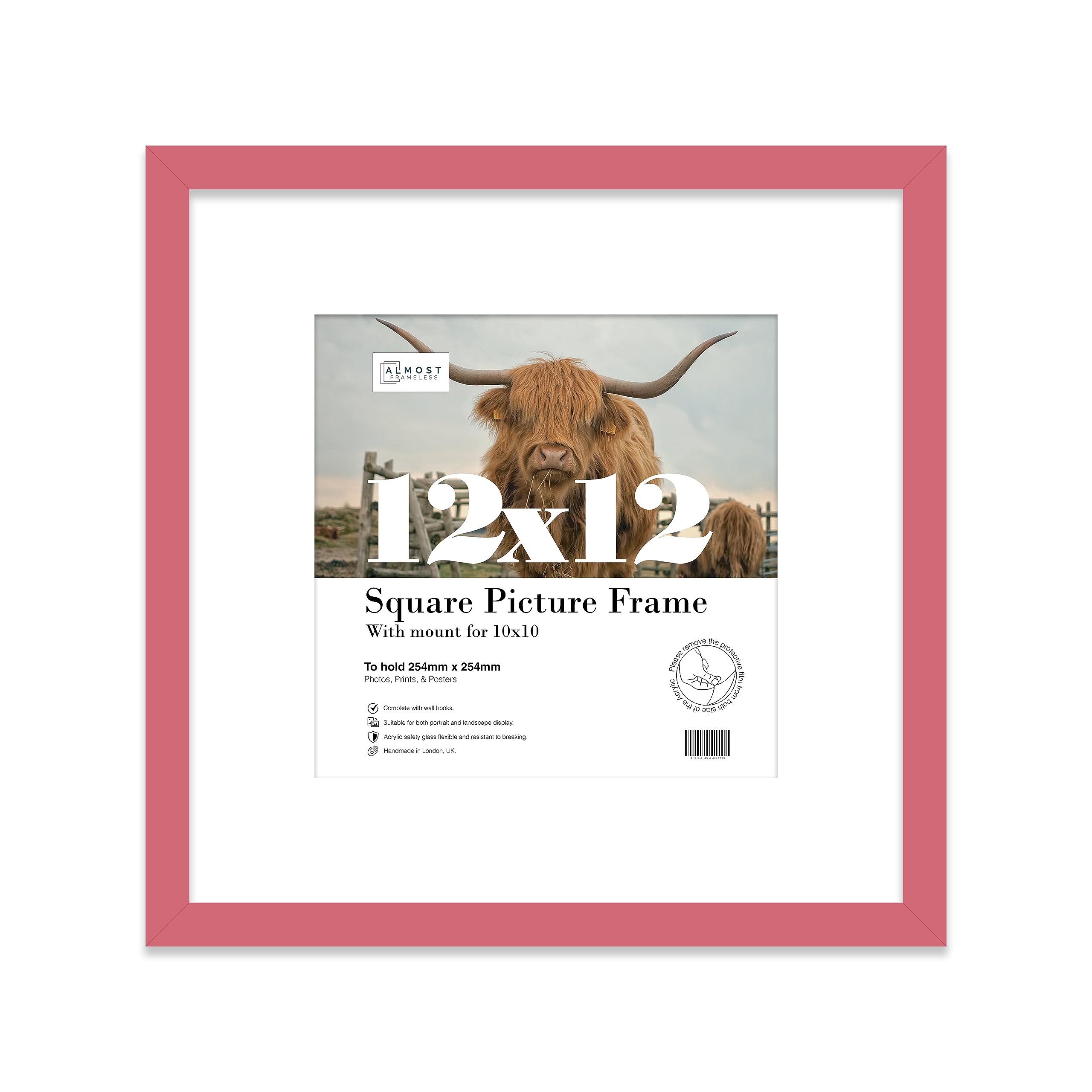 12x12 Pink Picture Frame with Mount for 10x10 Photos, Prints - Modern Square Wall Frame, 1 Pack