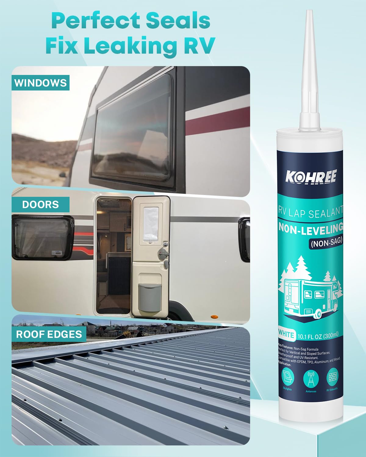 Kohree Non-Leveling RV Roof Sealant 4 Pack, Non Sag Lap Sealant for RV Roofs White, Waterproof RV Caulking for Roofing, Maintenance, Repair (for Vertical Surface)