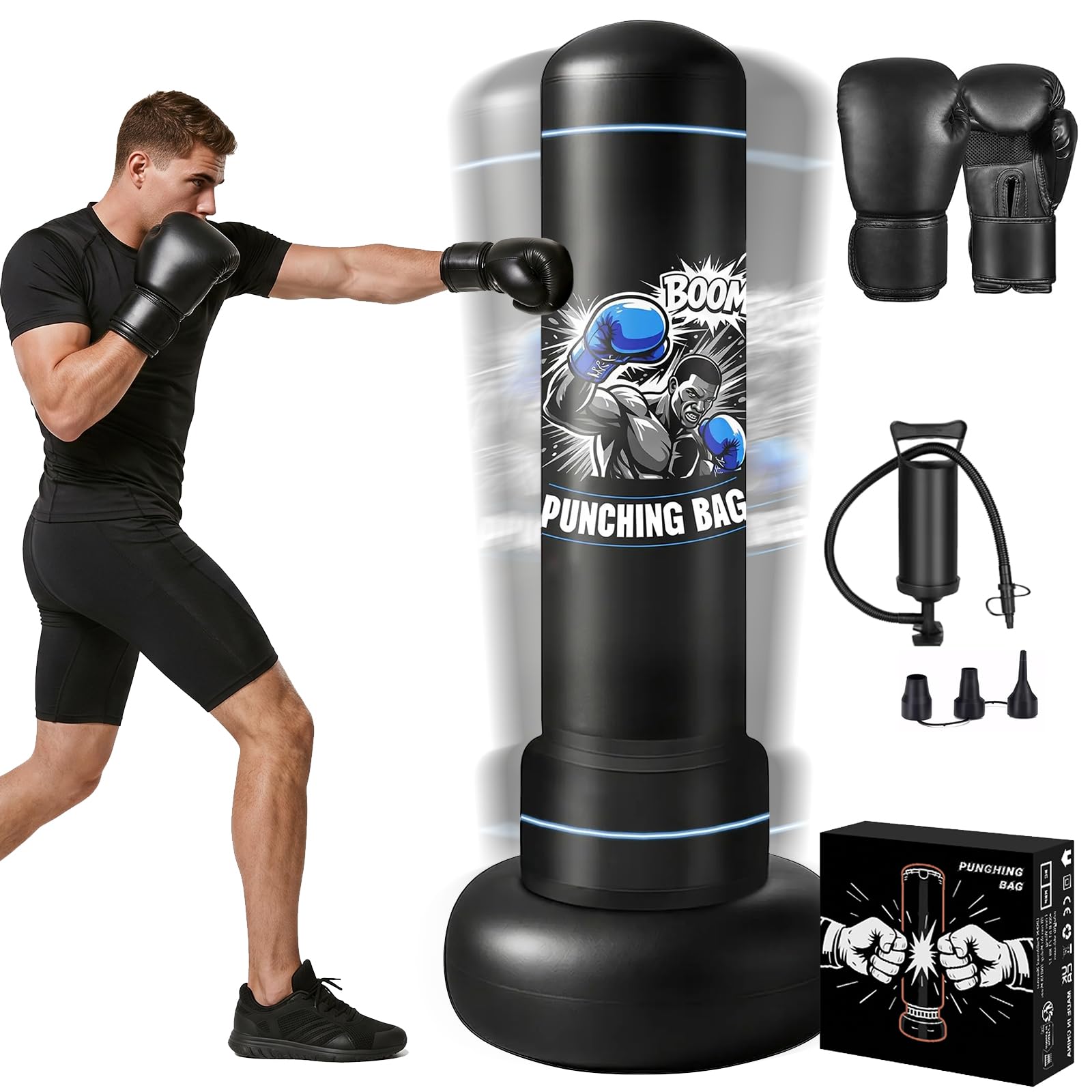 Qoosea Sacco da Boxe da Terra 180cm, Stabile Sacco da Boxe per Adulti Pungiball con Guantoni e Pompa, Sacchi da Box Gonfiabile per Pratica di TaekwondoKarate MMA Fitness