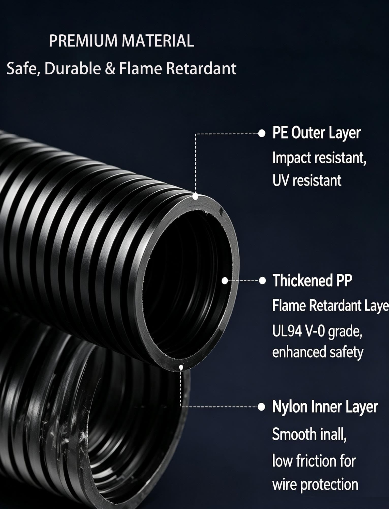 Tubo corrugado flexible para cables eléctricos, resistente y retardante