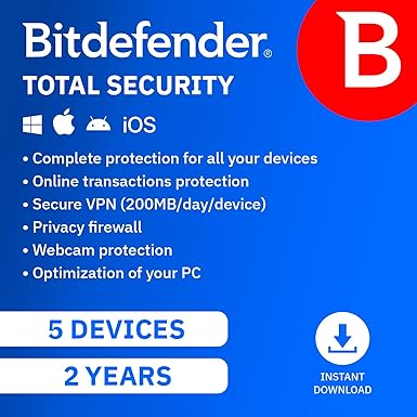 Bitdefender Total Security - 5 Devices | 2 year Subscription | PC/Mac | Activation Code by email