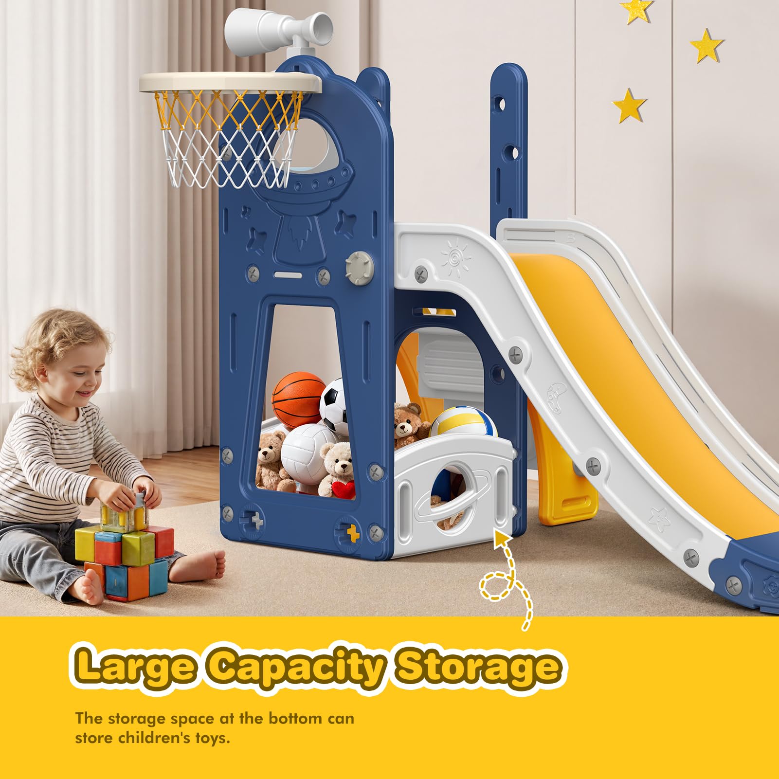 Scivolo per Bambini: Grande Scivolo Blu per Bambini in Età 1-3 Anni con Cestino da Basket, Scivolo per Bambini con Spazio di Stoccaggio, Set di Gioco per Bambini con Scala da Arrampicata, Giocattolo