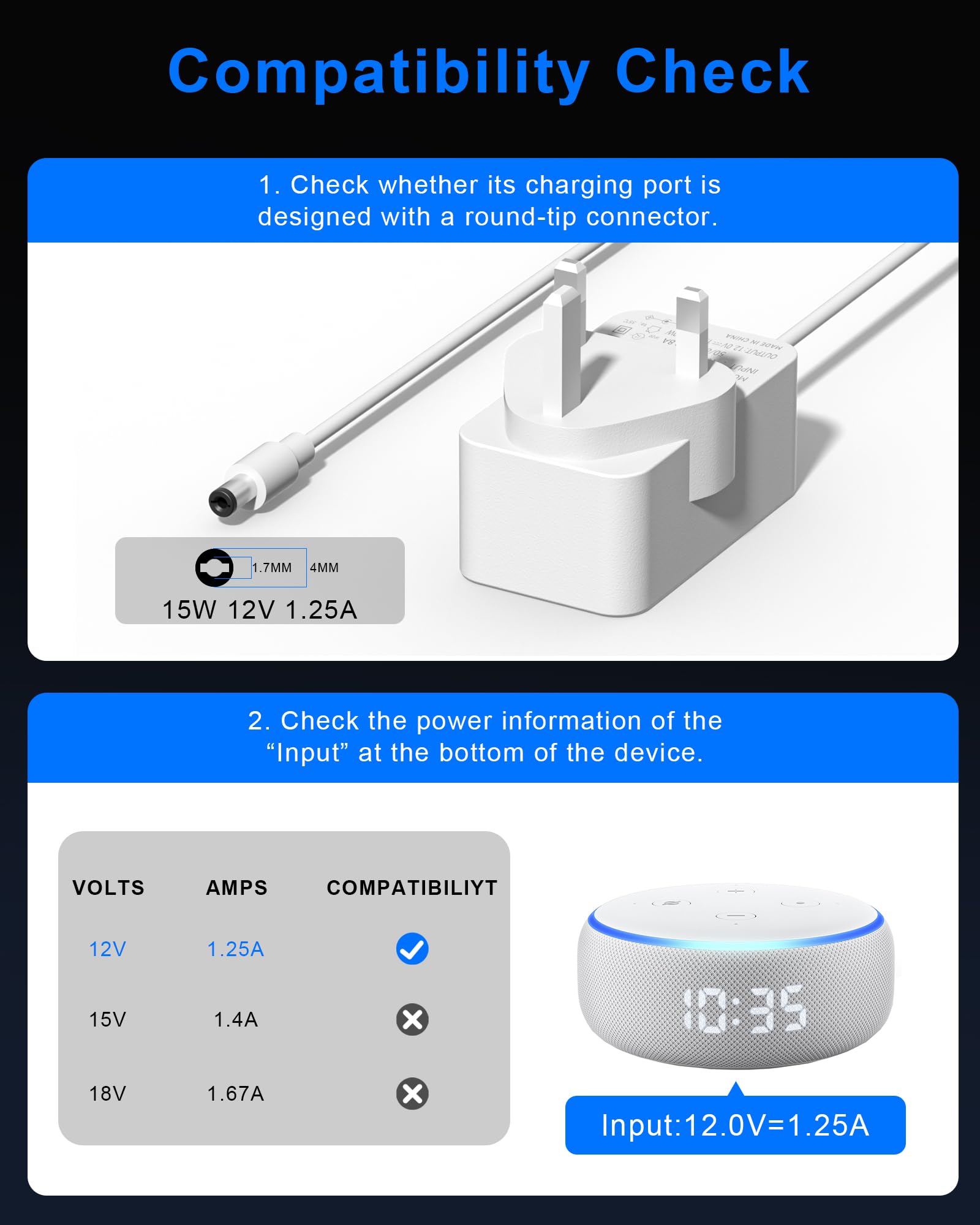Binamao 12V 1.25A 15W Power Supply Charger Compatible with Echo Dot (3rd/4th/5th Gen) Echo Dot with 3/4 Gen Echo Dot Kids Edition 3/4 Gen Echo Show 5 (1/2Gen) Echo Spot Fire TV Cube, 1.5M Cord - White — view 6