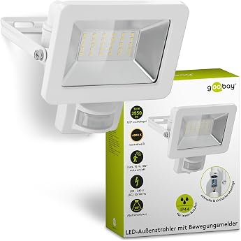 goobay 53882 LED Spotlight Motion Sensor Outdoor 30 W / PIR Sensor Outdoor Spotlight IP44 / Neutral White Light 2550 lm / LED Spotlight Floodlight Wall Mounting / Garden Spotlight / White [Energy Class F]