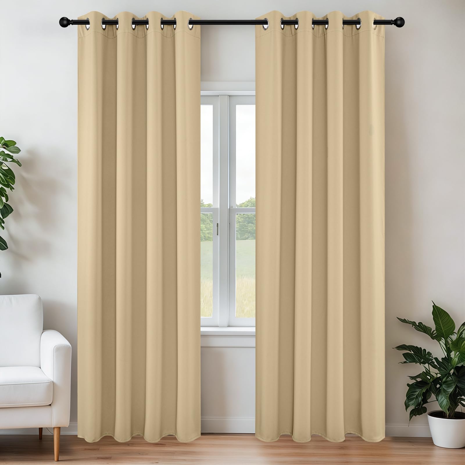 Joydeco Blackout Curtains 84 Inch Length 2 Panels Set, Thermal Insulated Long Curtains& Drapes 2 Burg, Room Darkening Grommet Curtains for Living Room Bedroom Window (W52 x L84 Inch, Beige)