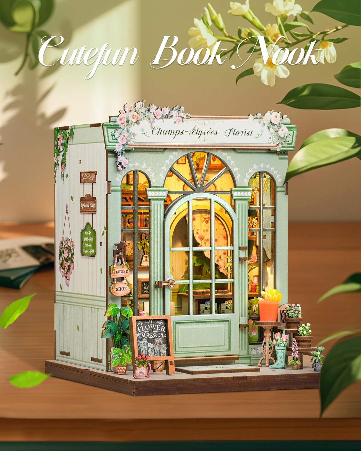 Cutefun Book Nook Kit - DIY Case delle bambole miniatura per adulti, puzzle 3D in legno con LED, Il miglior regalo per una donna (fiorista Champs-élysées)