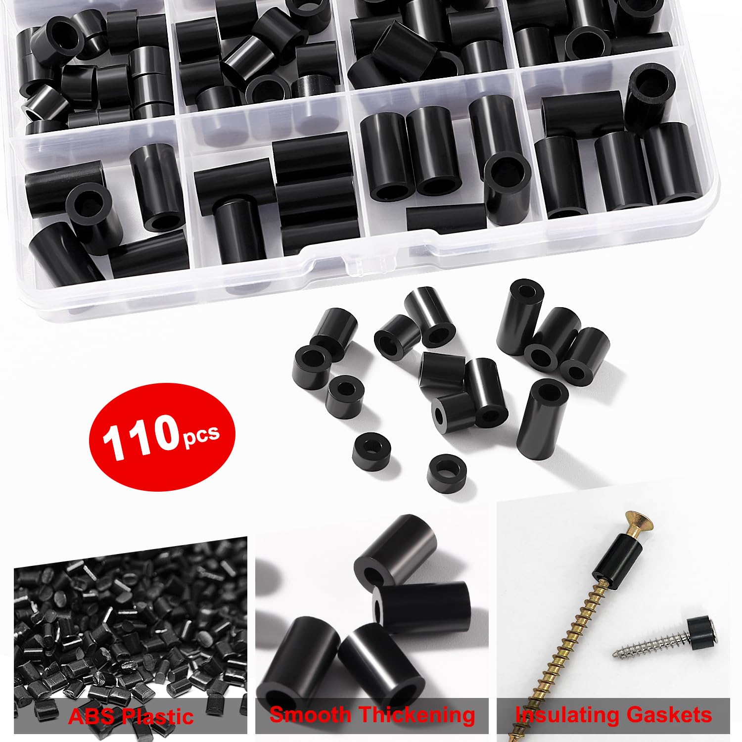 YIXISI 110 Pezzi ABS Rotondo Distanziatori Kit, per Viti M5 / M6, Isolanti Non Filettate Colonna Supporto Distanziatori Rondella, OD 9mm, Nero