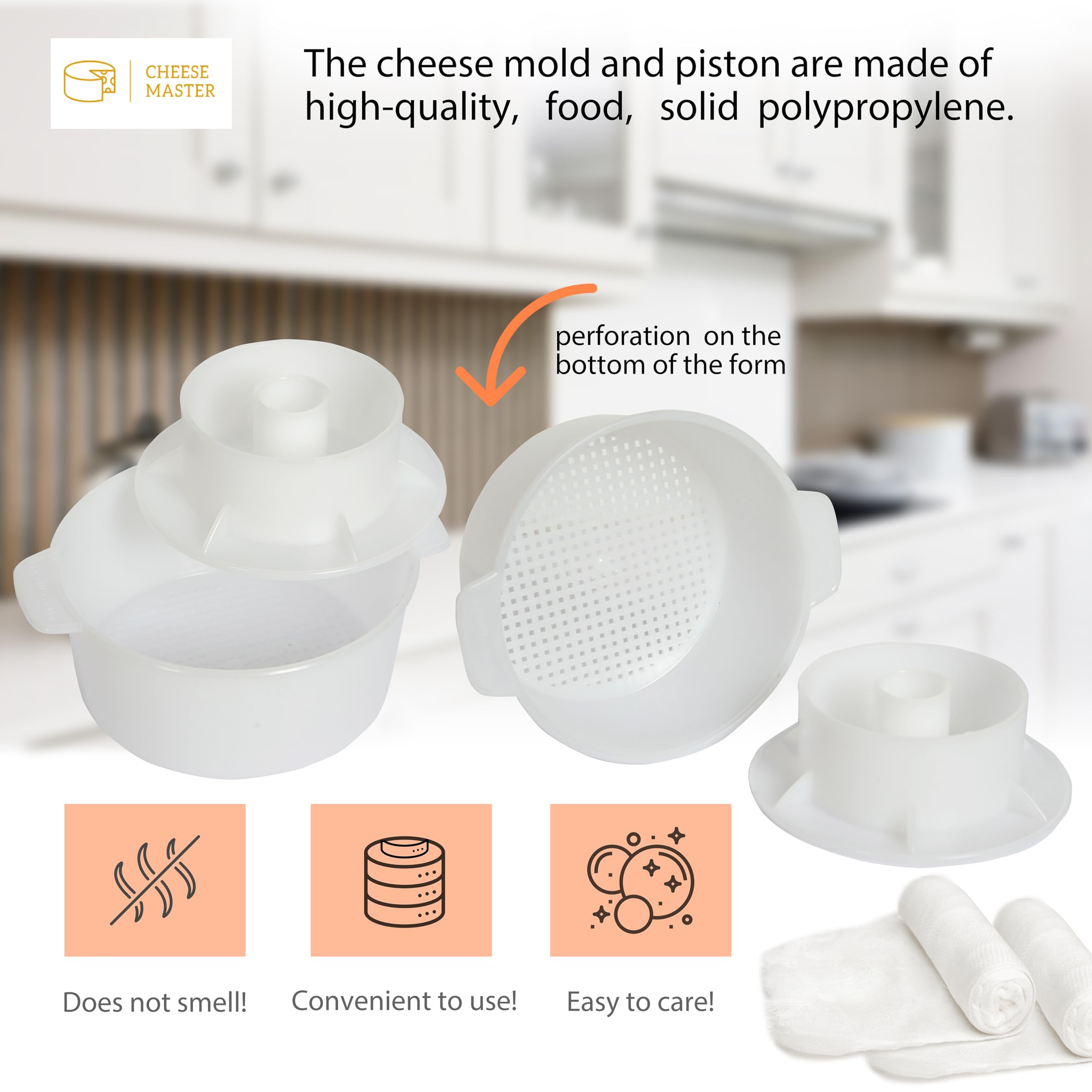 Lot de 2 moules à fromage 1,2 l avec piston et gaze de coton, panier à fromages, kit de fromagerie
