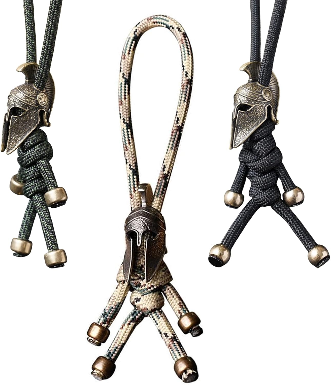 3 Pcs Vintage Spartan Warrior Helmet Knife Lanyard with Brass Beads, Woven Paracord Lanyard for Tactical EDC Accessory