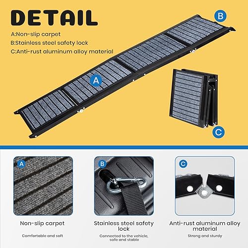 Miniatura 2 de Rampas portátiles de 62 pulgadas para perros medianos, superficie antideslizante de 17 pulgadas de ancho, escaleras plegables y ligeras, escaleras