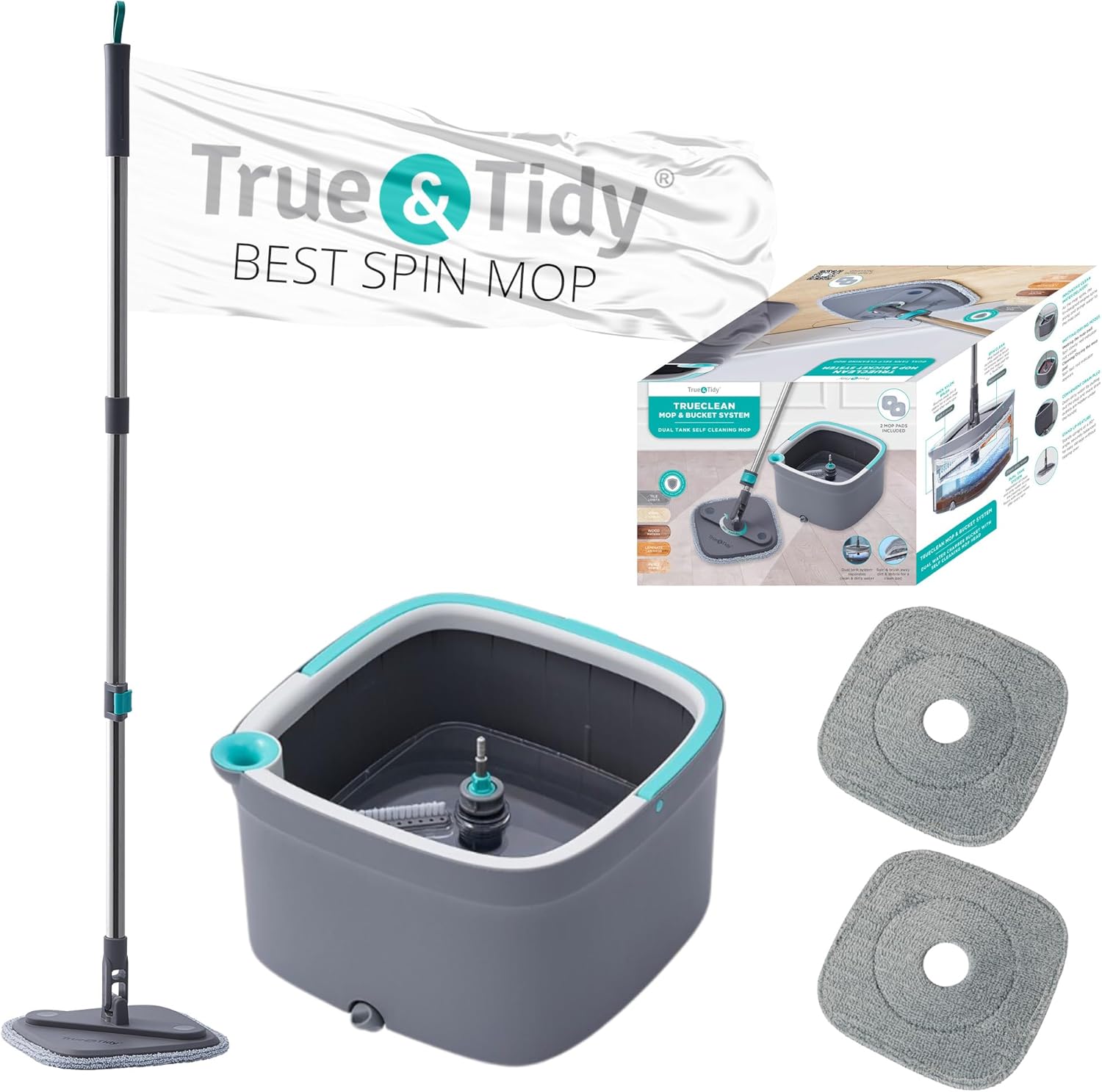 Trapeador giratorio y cubo con compartimentos separados para agua limpia y sucia, versión mejorada 2025 con cepillo lateral y mango de pie,