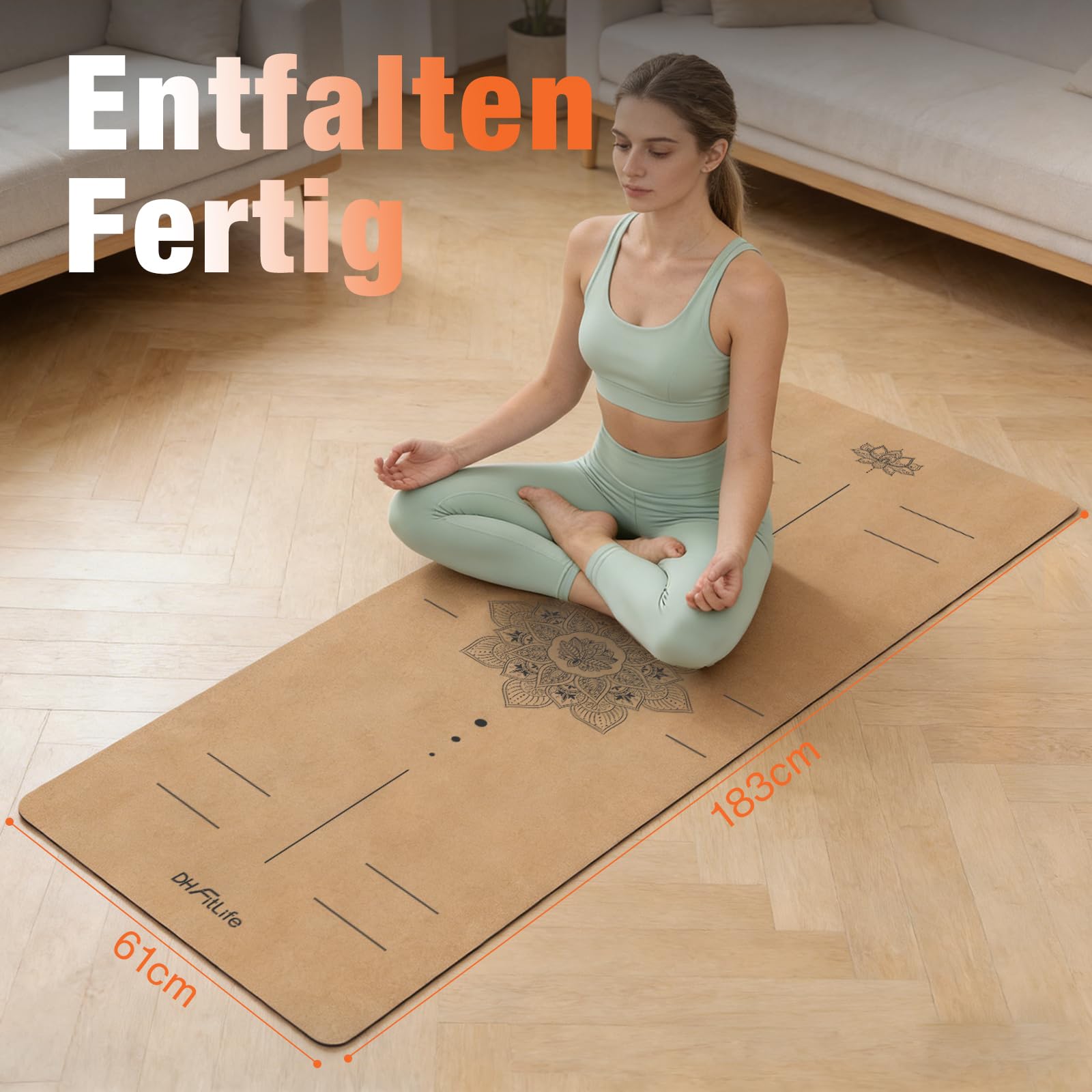 DH FitLife Yogamatte Kork 183 x 61 x 0,6 cm, dicke rutschfeste Yoga Matte