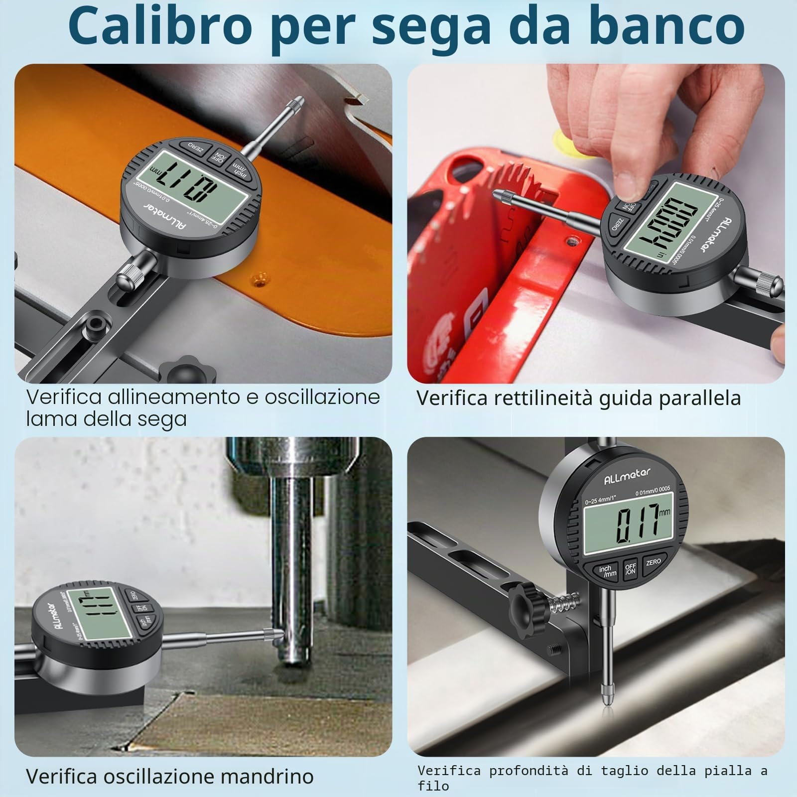 Comparatore Digitale 0.01mm/0.0005" per Sega da Banco con Barra in Alluminio CNC, Calibro di Allineamento Lama e Guida, Misuratore Precisione con Base Regolabile 13-18cm - Nero