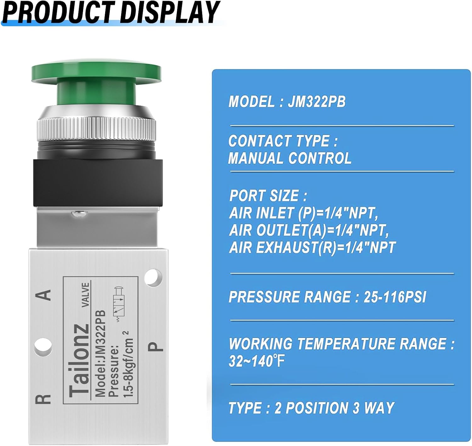 TAILONZ PNEUMATIC Green 1/4”NPT Manual Control type Mushroom Push Button 3 Way 2 Position Pneumatic Control Mechanical Valve
