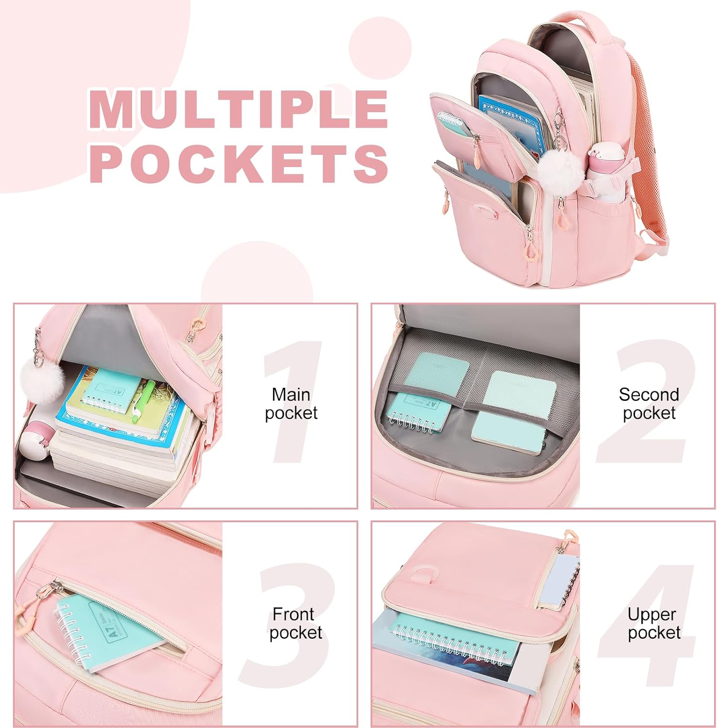Bevalsa Backpack for Gilrs, School Bags for Kids with Lunch Bag & Pen Case, Bookbag for Girls Children Teens for Elementary Middle High school College Student with Cute Pins (Beige Pink)