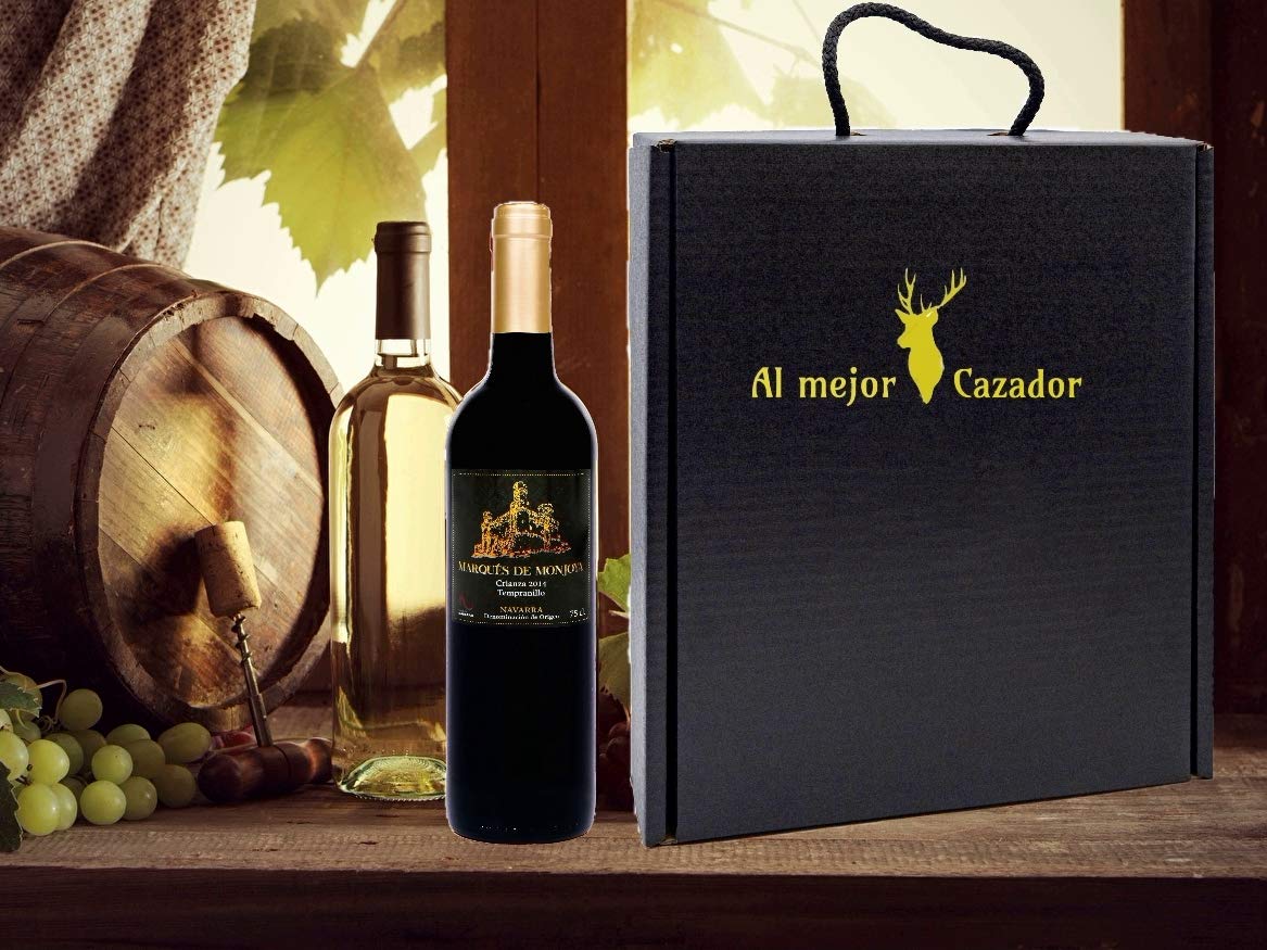 Caja Regalo Vino - Pack de 2 Botellas de Crianza + Regalo Al Mejor Cazador + Kit con Gorra y Mochila de Camuflaje para Caza - D.Origen Olite Navarra - Ideal para regalar