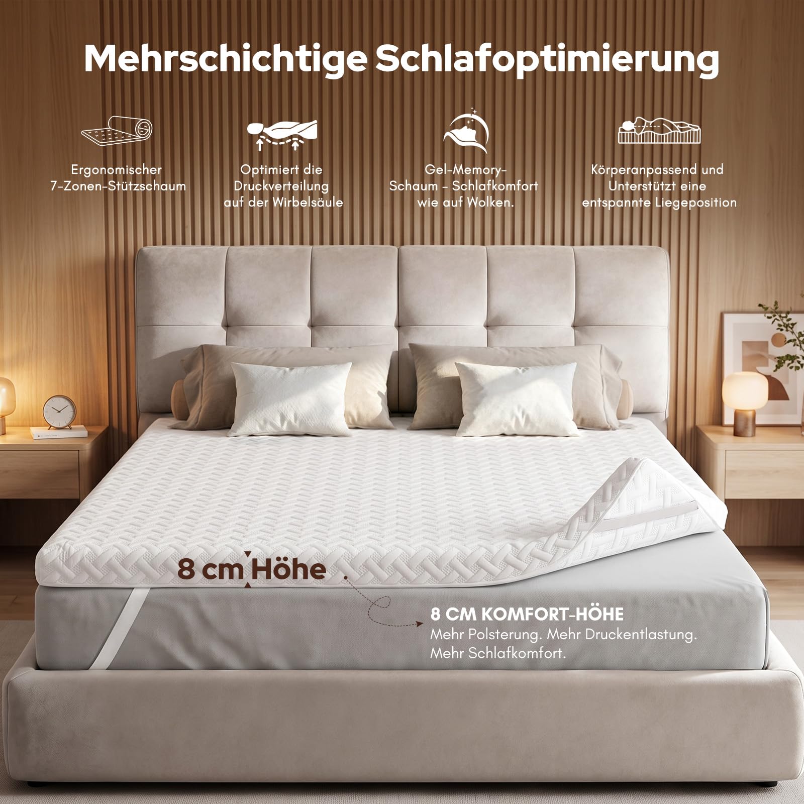 Topper, 8cm Höhe Gel Schaum & 7-Zone Dual-Core/Härtegrade, H2&H3 Matratzen Topper - Kaltschaum & Gel Memory Foam Matratzentopper für Boxspring Bett, Mattress, Sofa (8cm, 180x200cm)