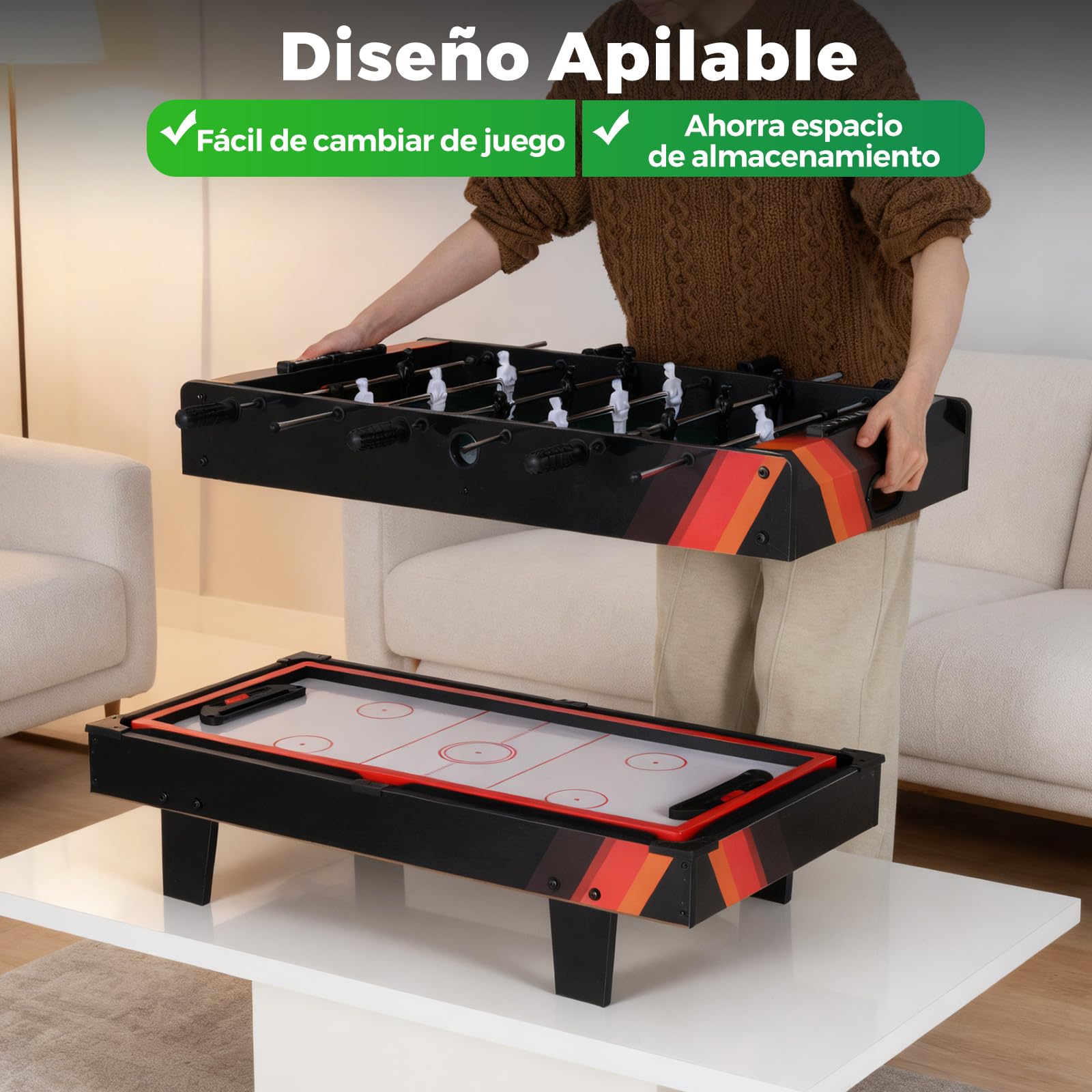 GOPLUS Mesa Multijuegos Combinada 4 en 1 con Futbolín, Mesa de Juegos Multifuncional con Accesorios, Tableros Apilables para Billar, Hockey de Aire, Tenis de Mesa, para Hogar Bar Fiesta