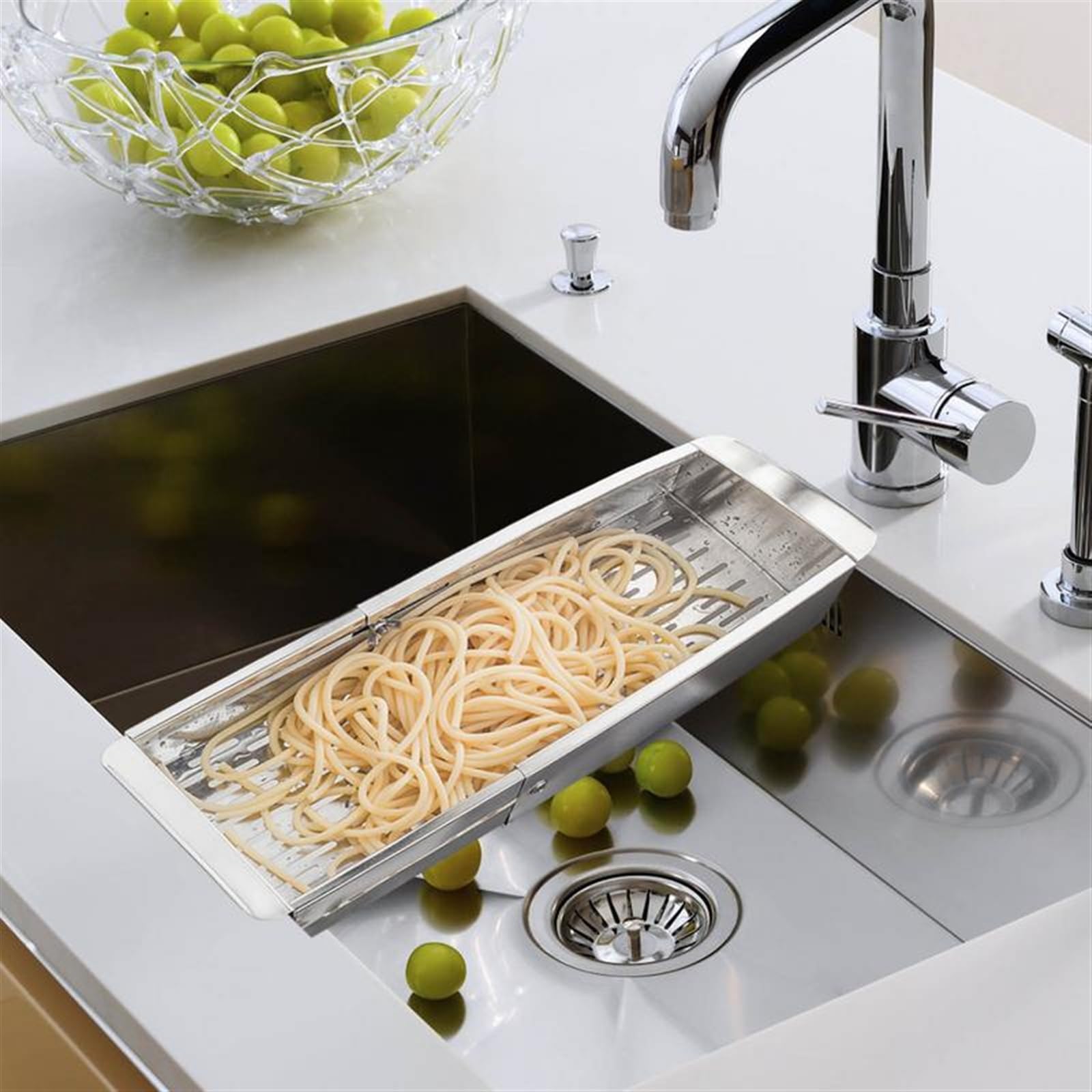GUYANA Colador De Cocina Cesta de Filtro Plegable de Acero Inoxidable, Lavado de Frutas y Verduras Extensible, Filtro de Fregadero de Cocina Colador