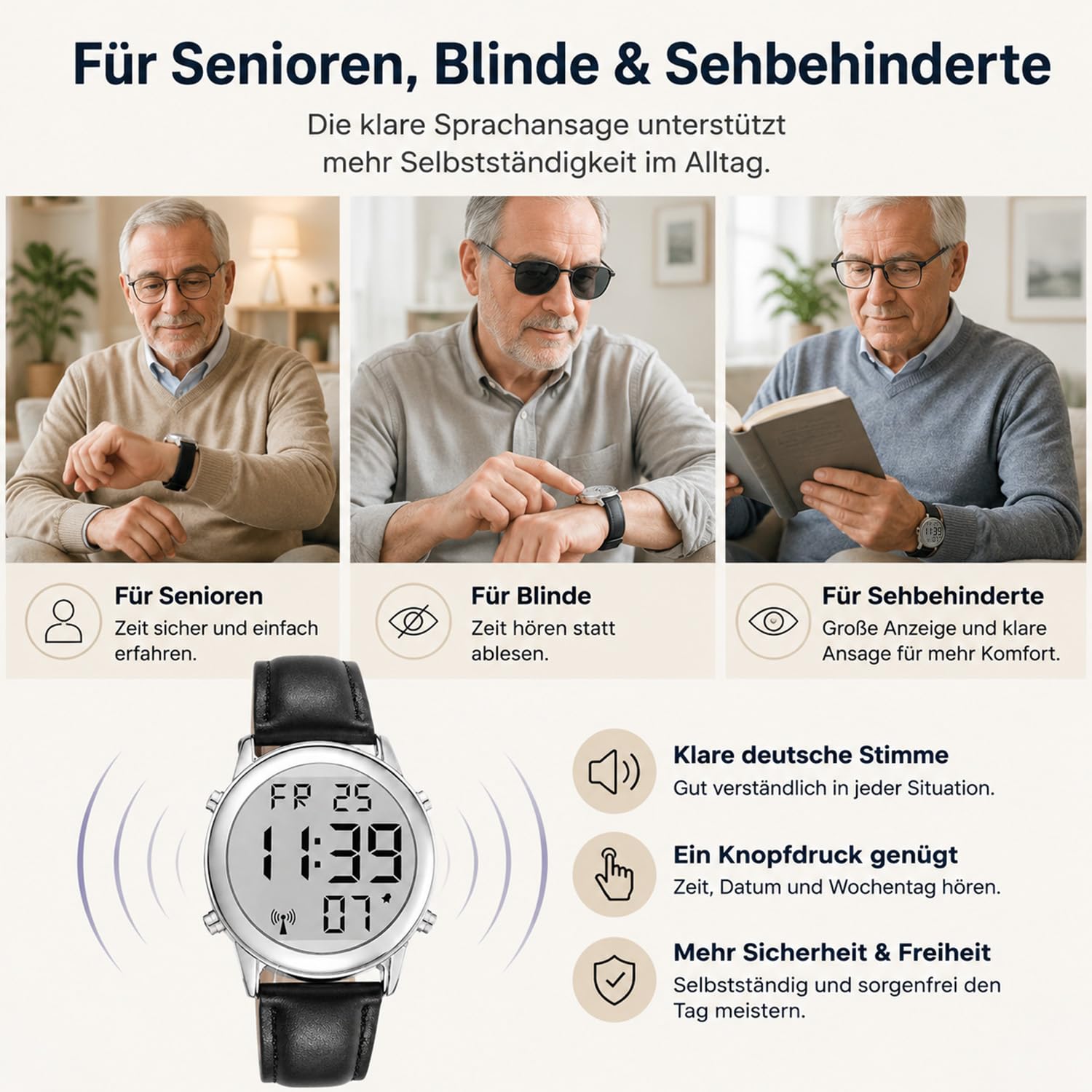 Deutsch Sprechende Herren Armbanduhr I Funkarmbanduhr I LCD Große Zahl Leicht zu Lesen I Datum- und Zeitansage I Für Blinde, Senioren und Demenzkranke