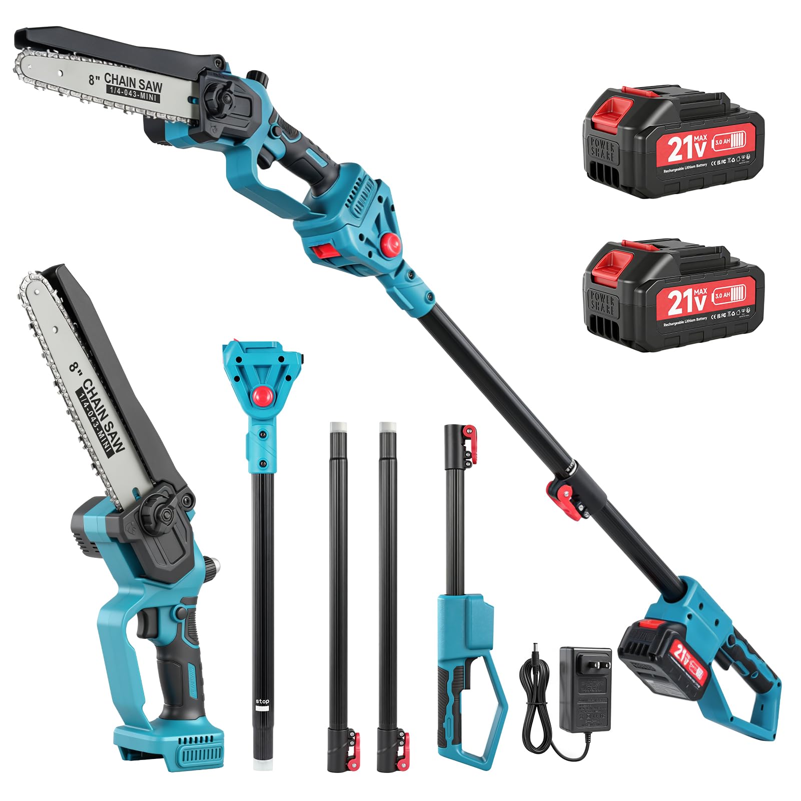 Victoam 2-in-1 Cordless Pole Saw & Mini Chainsaw, 8" Electric Chainsaw 3 Adjustable Lengths 1.4/1.9/2.4m, 180° Rotatable Cutting Head, Tool-Free Chain Tension with 2Pcs 3000mAh Batteries & Charger
