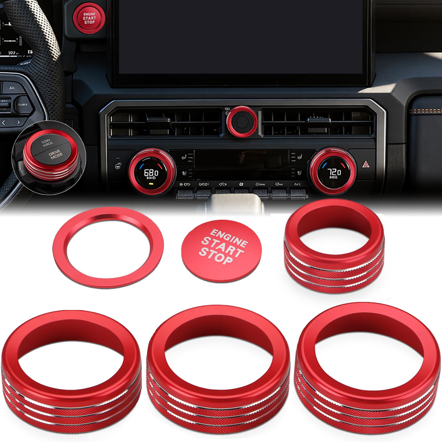 Auovo AC Knob Cover for Toyota Tacoma Accessories 2024-2026 for Toyota 4Runner 2025 2026 w/14 Display Air Conditioner Engine Start Stop Button Drive Mode Volume Knob Rings (Red, 14-Inch Display)