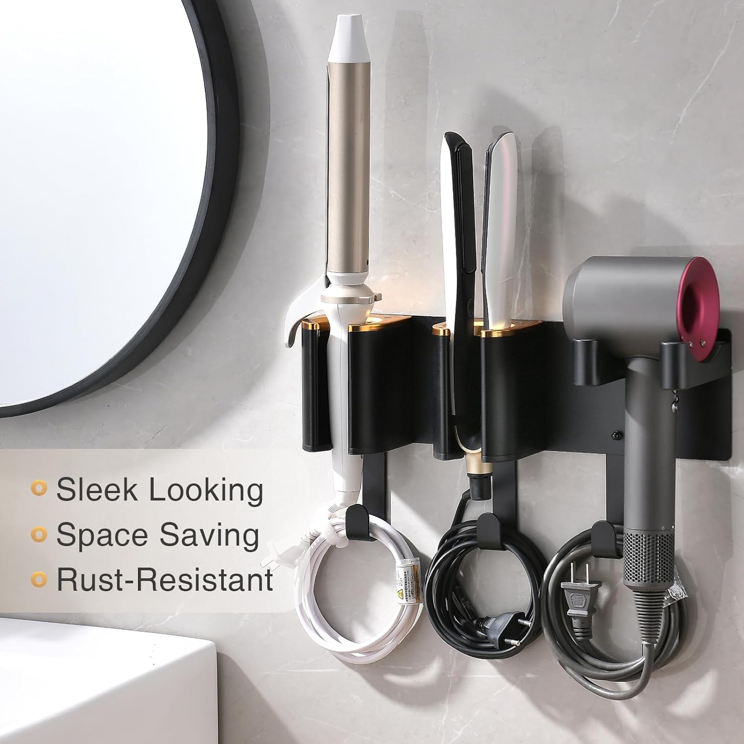 Hair Tool Organizer Wall Mount, Hair Dryer and Curling Iron Storage, Hair Straightener Wall Holder, 3 in 1 Vanity Organizer, Aluminum Alloy (Hair Tools Not Included)