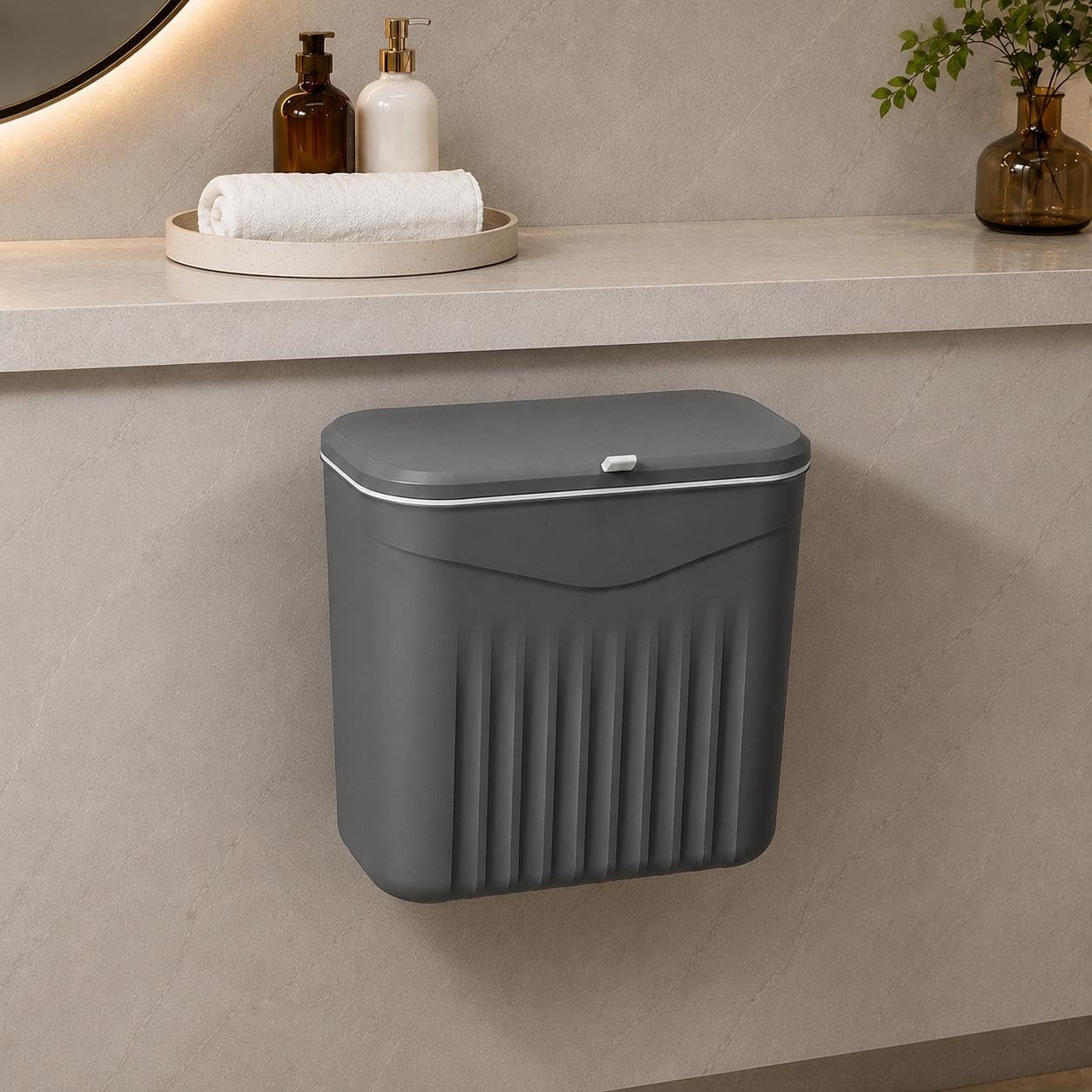 Leawall Plastic Hanging Kitchen Trash Can with Lid– Cabinet Door Hanging Garbage Bin, Double-Sided Open Flip Lid, Wall Mounted Kitchen Waste Bin, Under Sink Storage Trash Bucket(7L) (Gray)-image-17